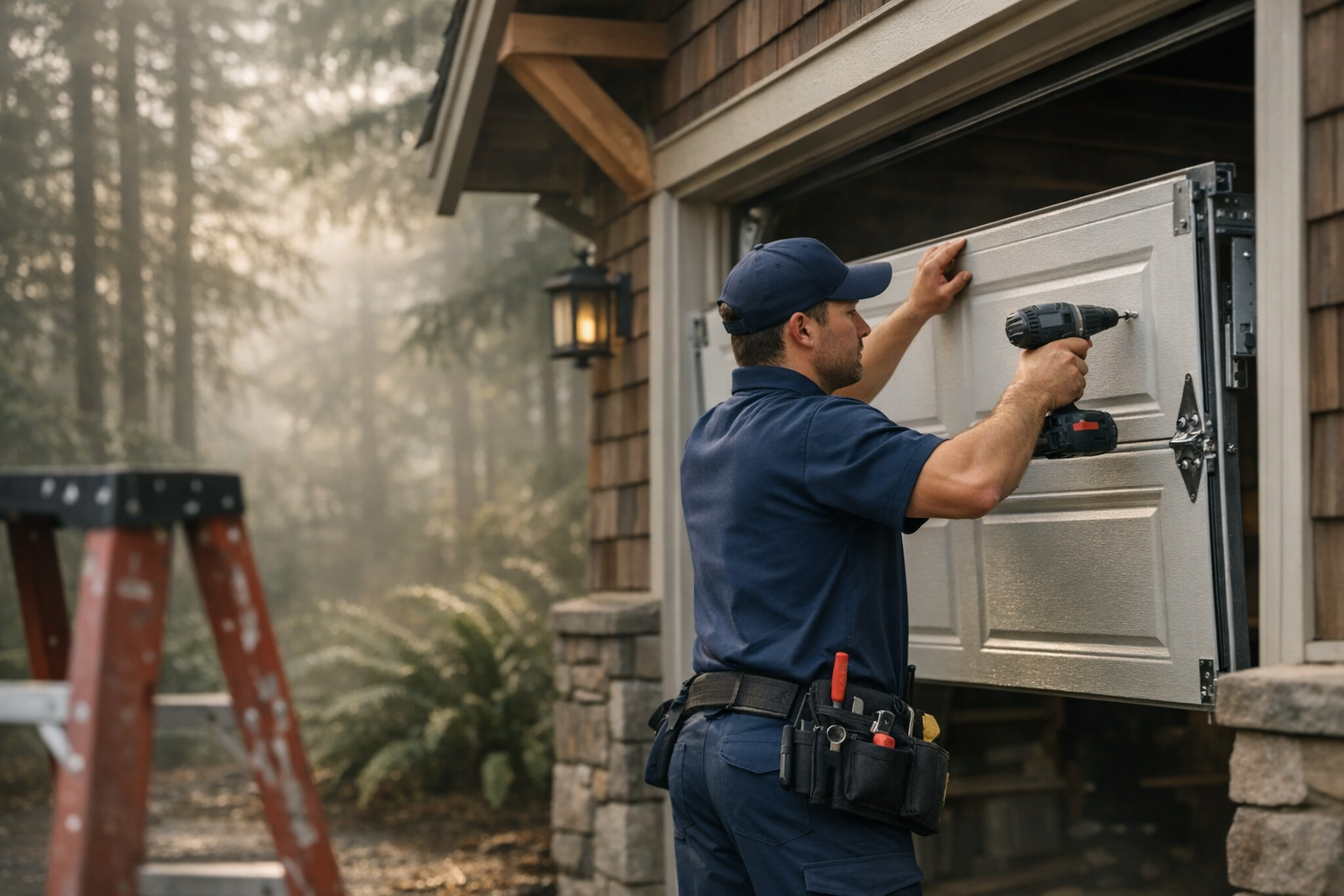 Garage door technician installing a new residential garage door on a Seattle area Pacific Northwest craftsman home with mature evergreen trees