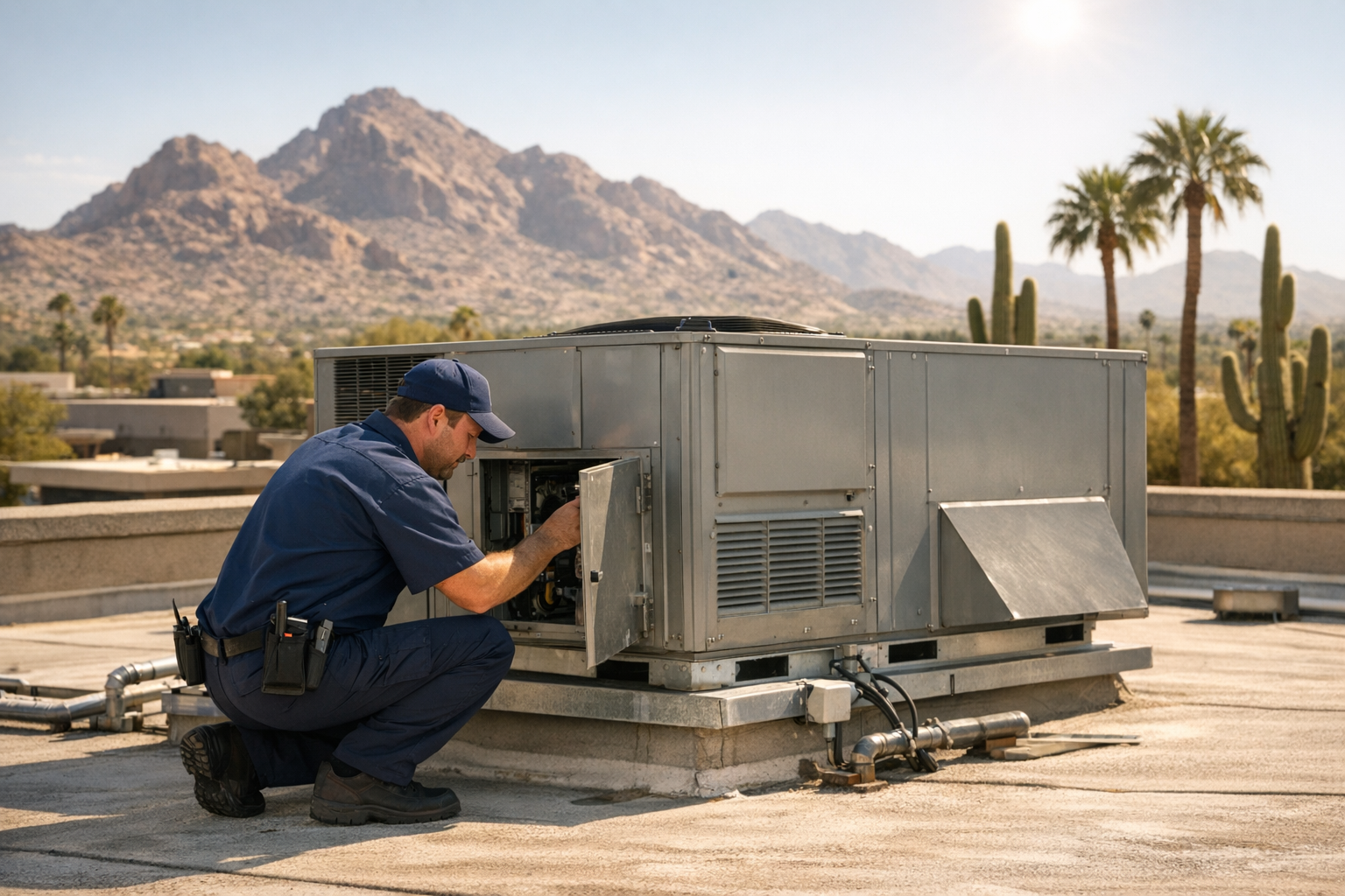 HVAC technician inspecting a rooftop air conditioning unit on a Phoenix Arizona commercial building under bright desert sun
