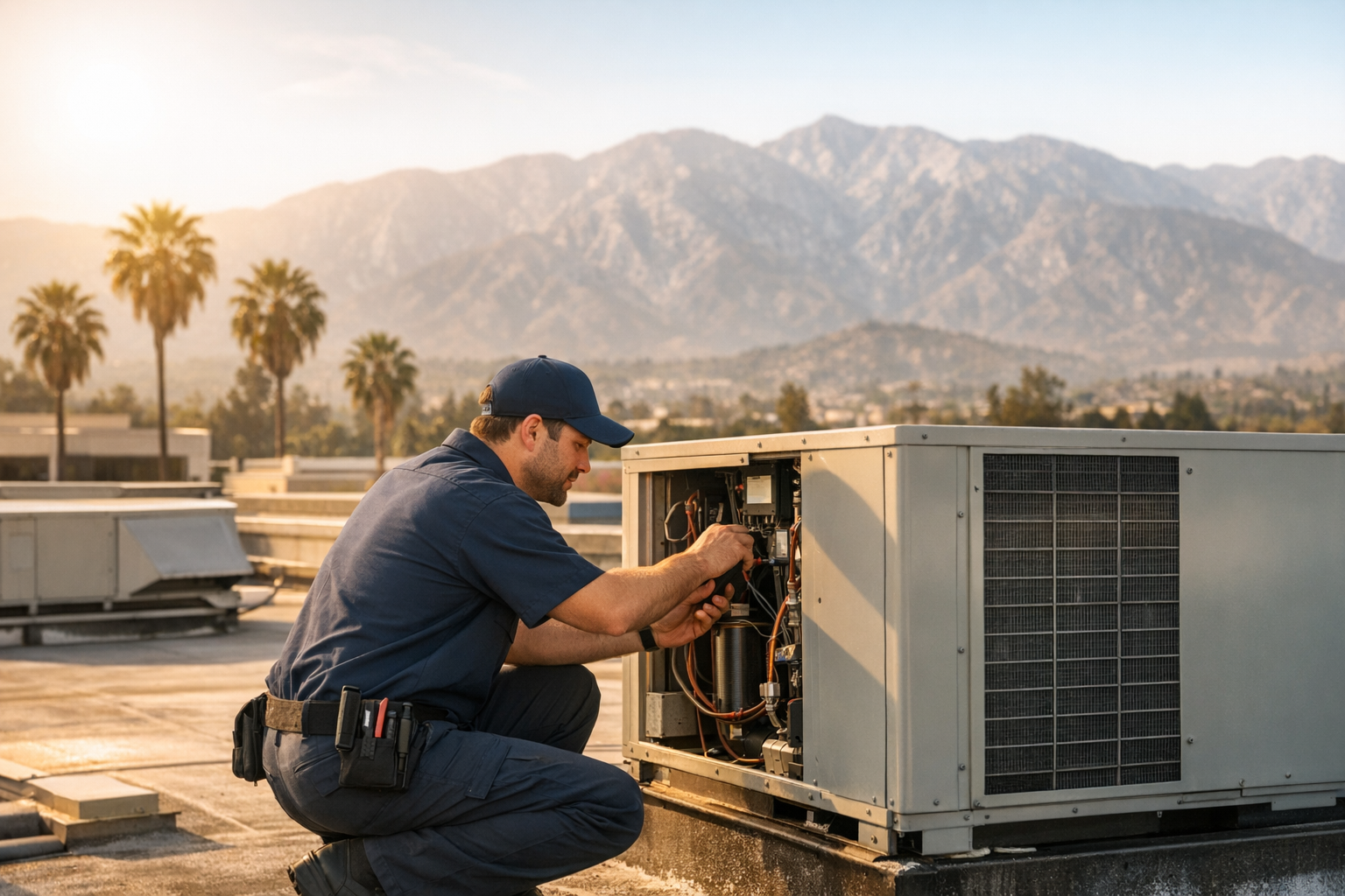 HVAC technician inspecting a rooftop air conditioning unit on a Los Angeles California commercial building with downtown skyline in the background