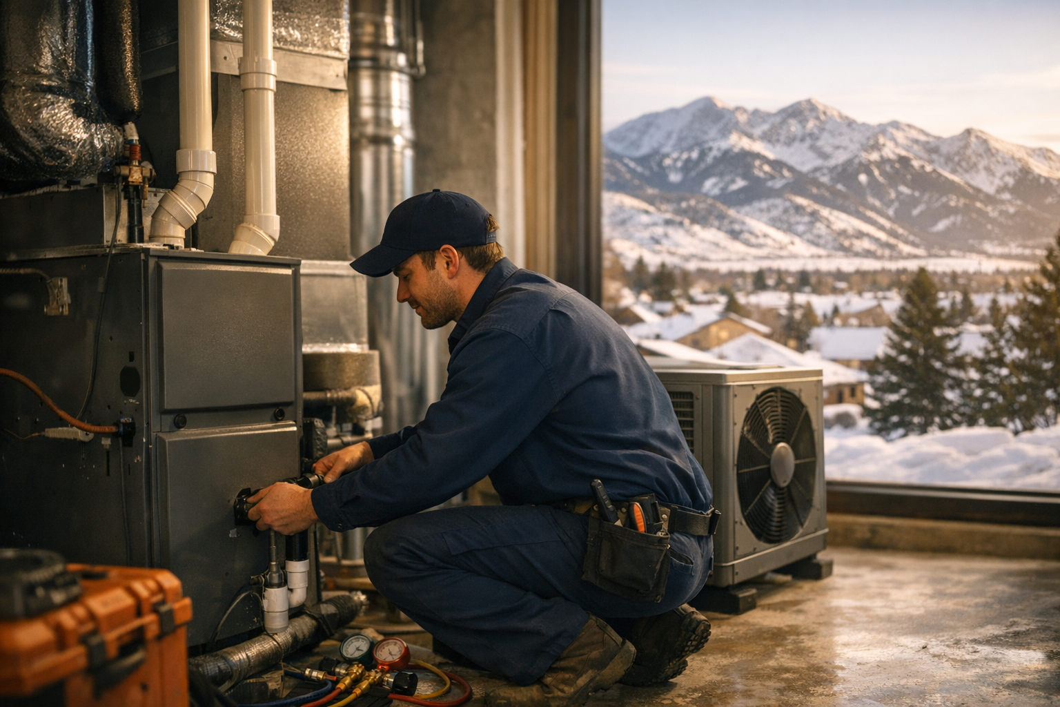 HVAC technician installing a high-efficiency furnace in a Denver Colorado home with snow-covered Front Range mountains visible through the window