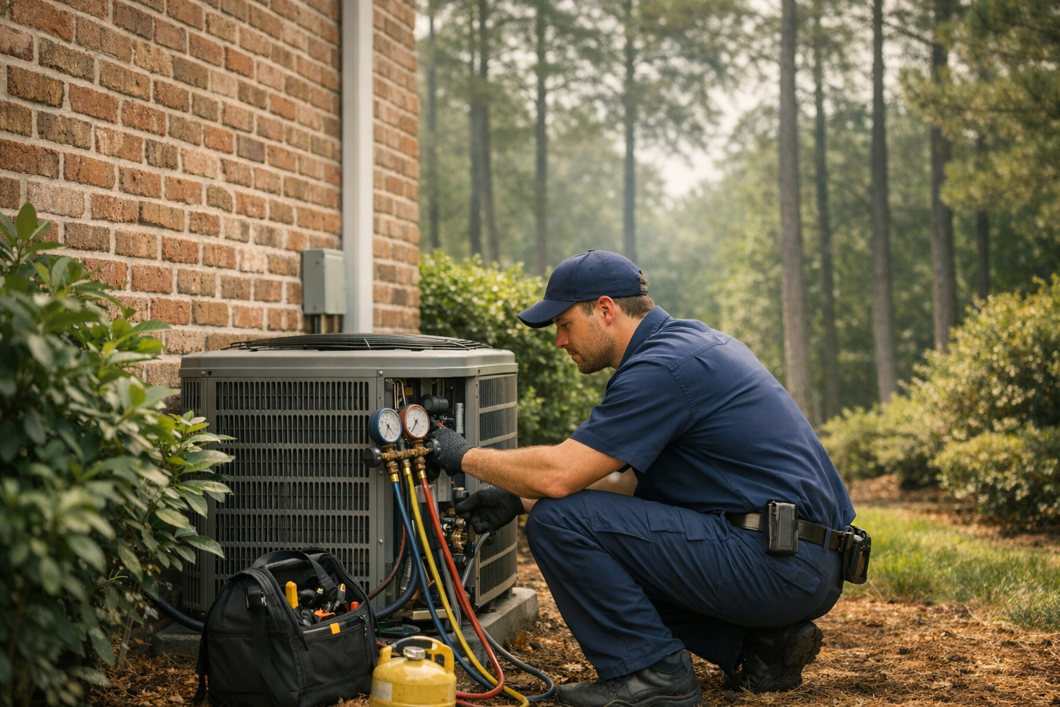 HVAC technician servicing a residential air conditioning condenser outside an Atlanta Georgia suburban home in summer humidity