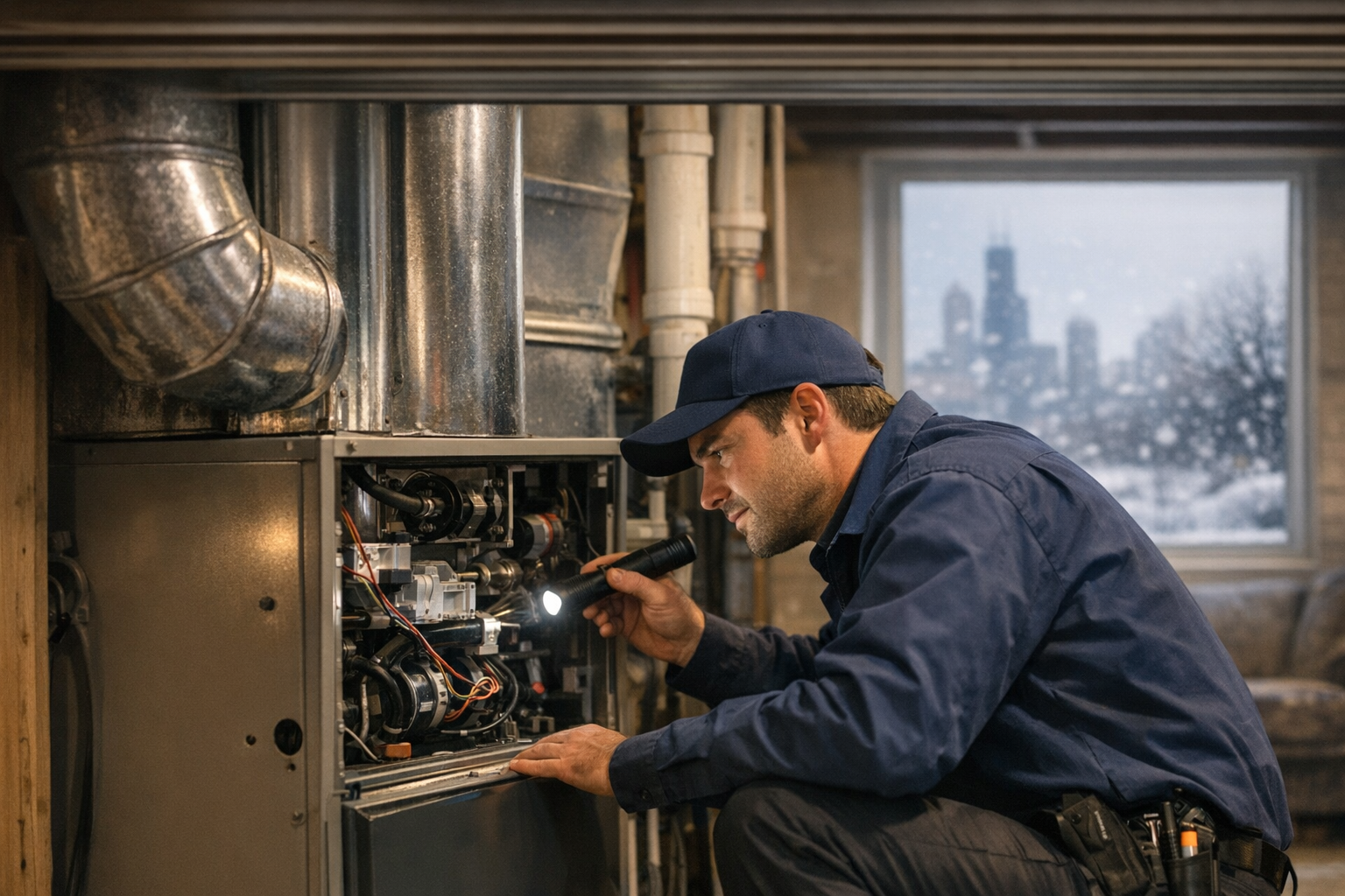 HVAC technician servicing a high-efficiency furnace in a Chicago Illinois single-family home basement during winter