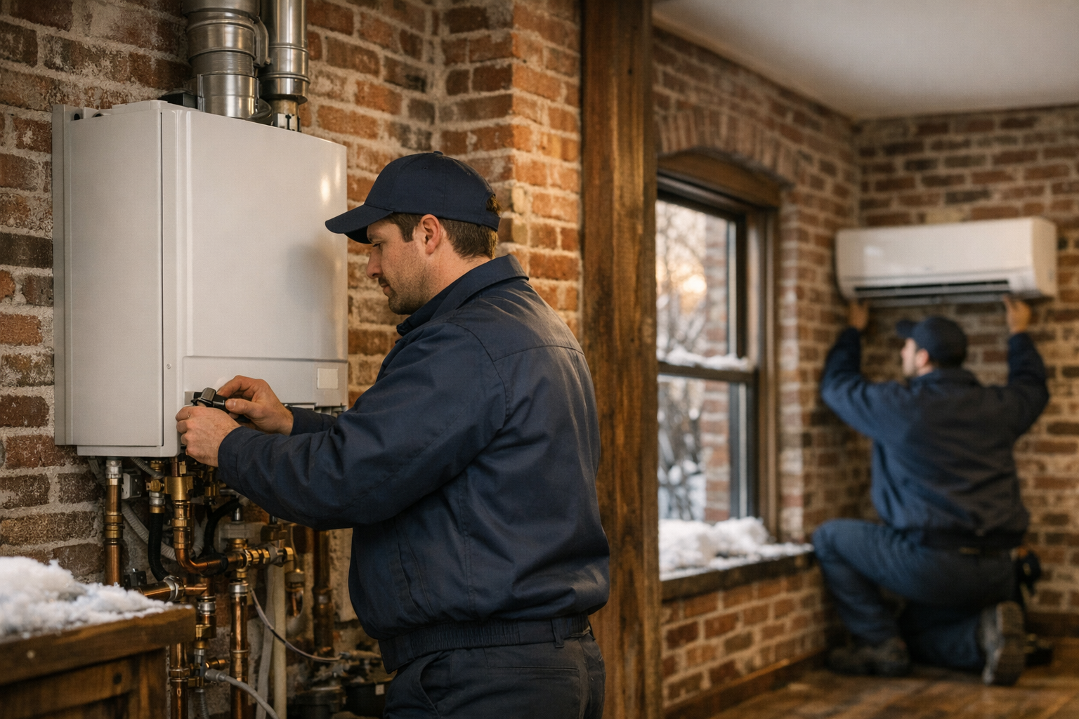 HVAC technician installing a high-efficiency boiler and ductless mini-split system in a Boston Massachusetts brownstone with snow on the windowsill