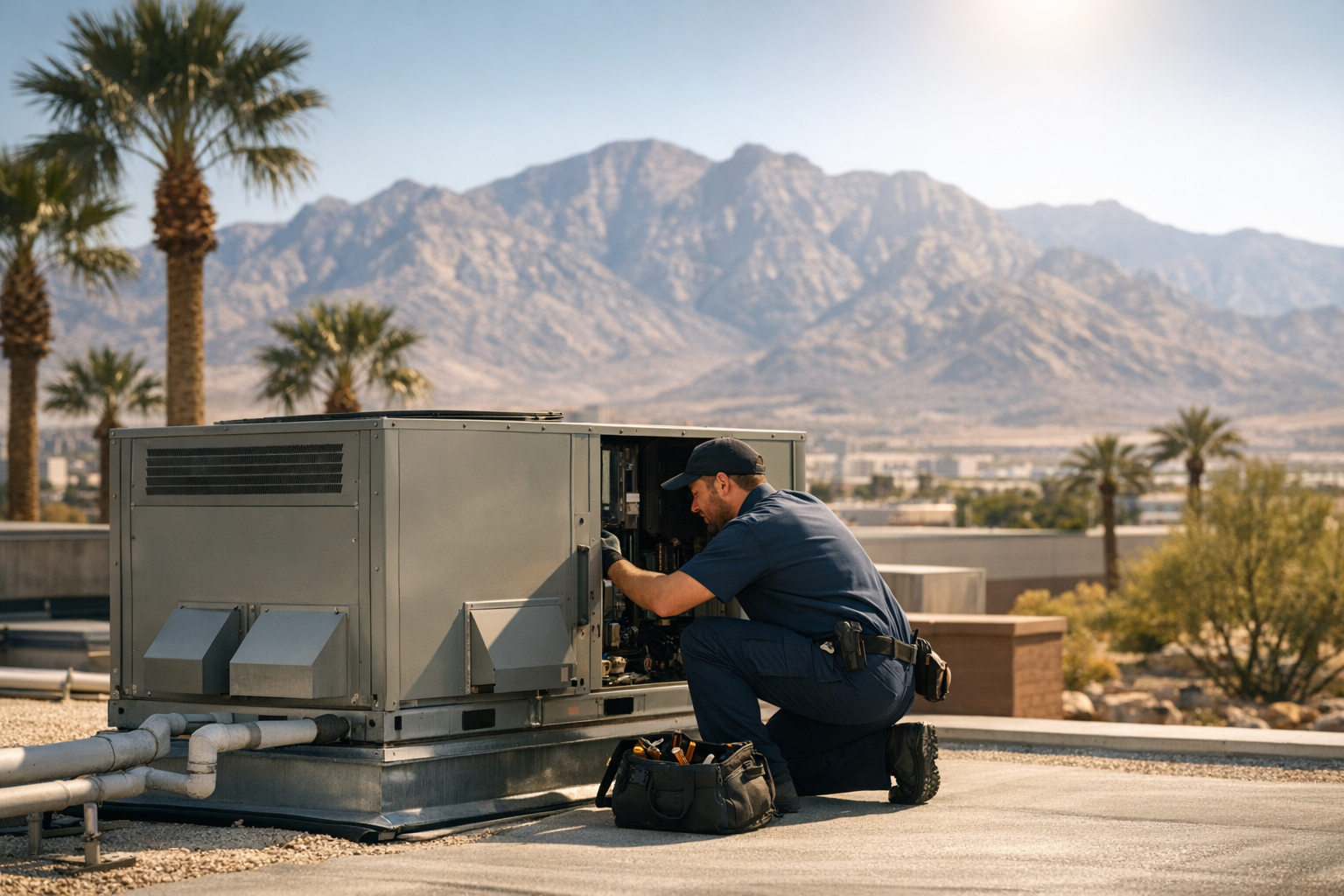 HVAC technician servicing a rooftop air conditioning unit on a Las Vegas Nevada commercial building under intense desert sun