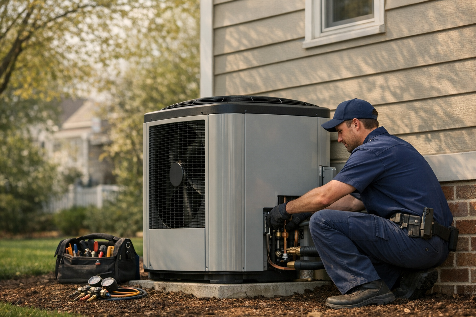 HVAC technician installing a high-efficiency heat pump on a Bergen County New Jersey single-family home in spring
