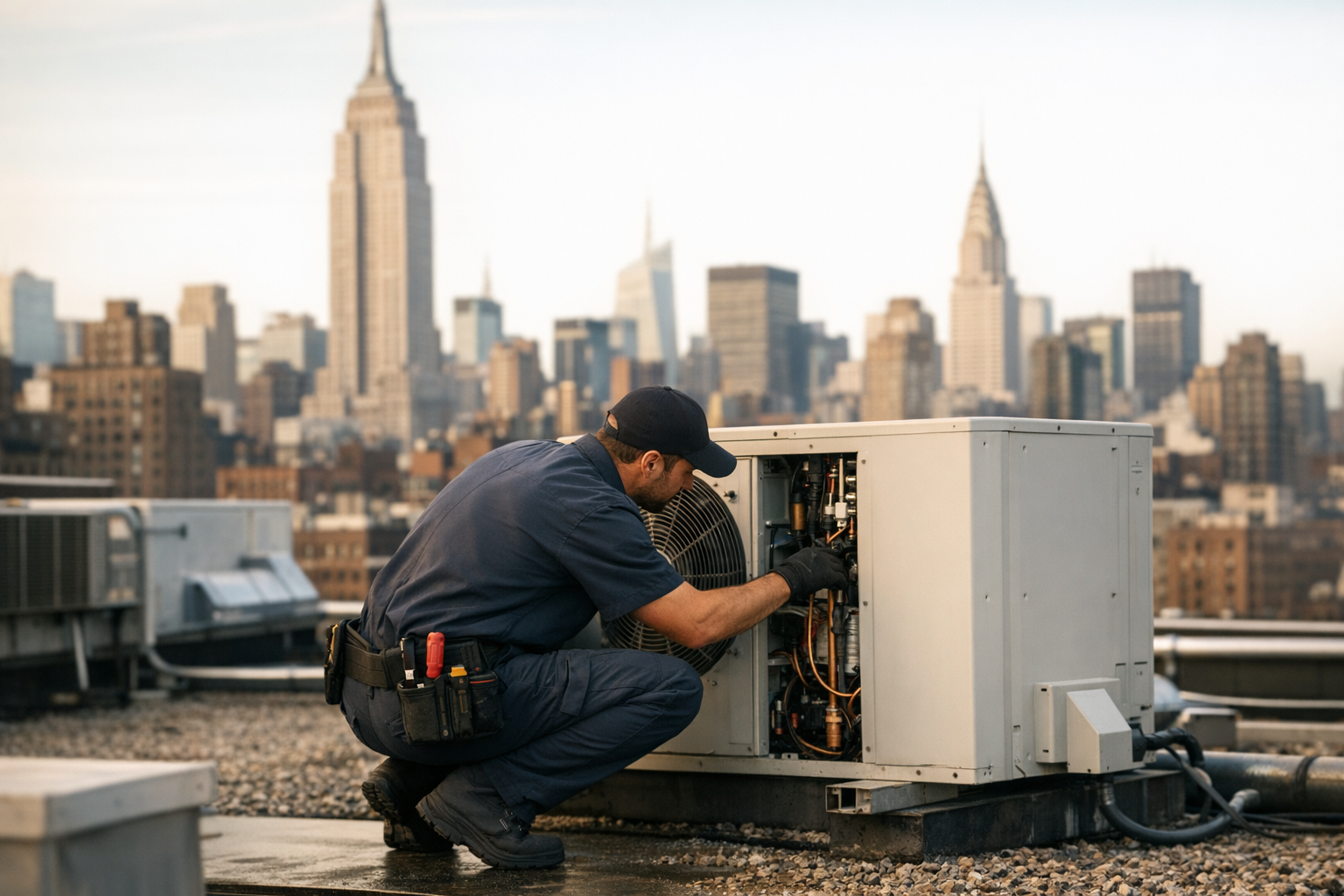 HVAC technician inspecting a rooftop air conditioning unit on a Manhattan New York commercial building with skyline in background