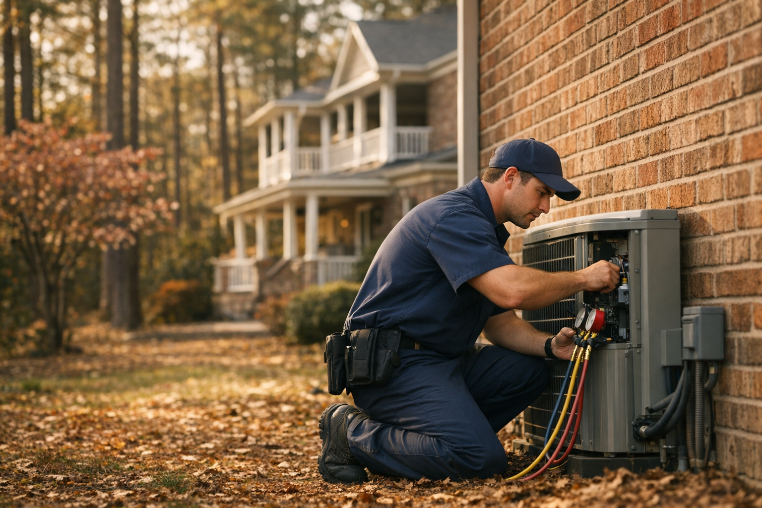 HVAC technician inspecting a heat pump outside a Raleigh North Carolina home with autumn pine trees and brick exterior