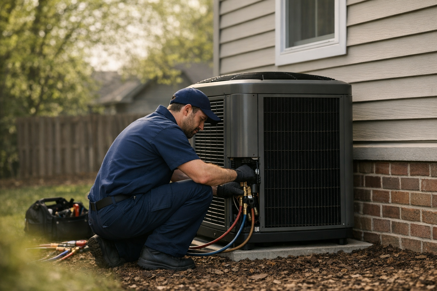 HVAC technician installing a high-efficiency heat pump on a Columbus Ohio single-family home in spring