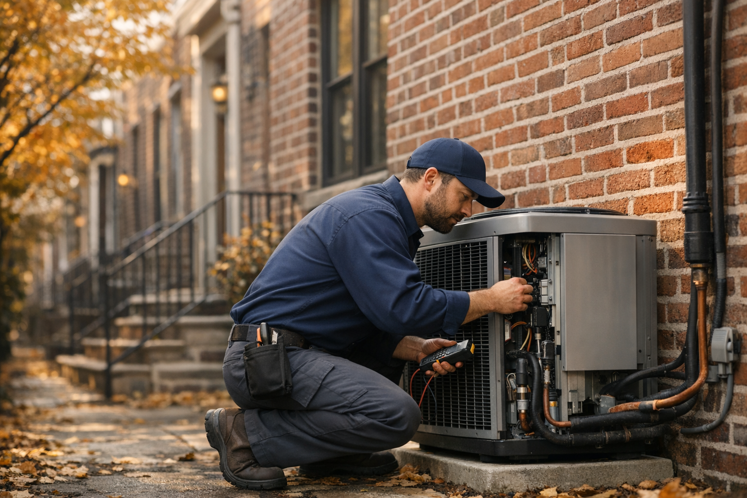 HVAC technician inspecting a high-efficiency heat pump on a Philadelphia Pennsylvania row home in autumn