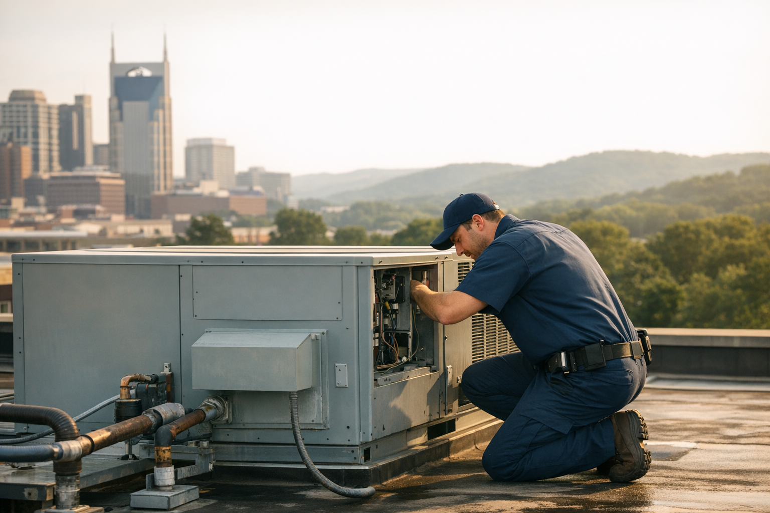 HVAC technician inspecting a packaged rooftop air conditioning unit on a Nashville Tennessee commercial building under summer sun
