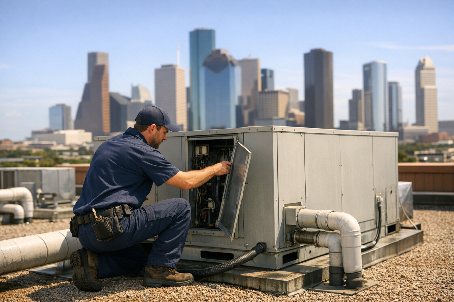 HVAC technician inspecting a rooftop air conditioning unit on a Houston Texas commercial building under bright Texas sun