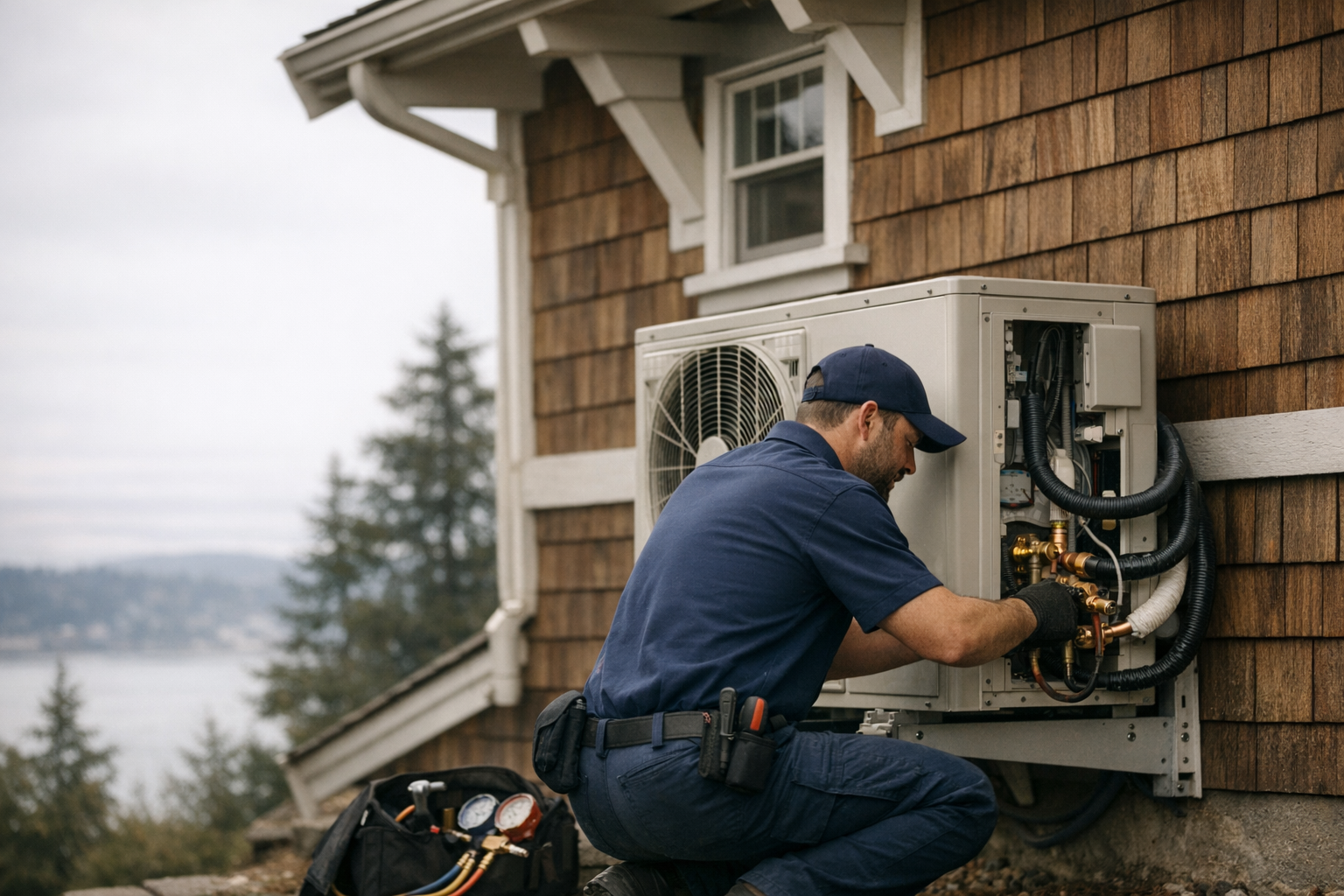 HVAC technician installing a high-efficiency heat pump on a Seattle Washington home with Puget Sound and evergreen trees in the background