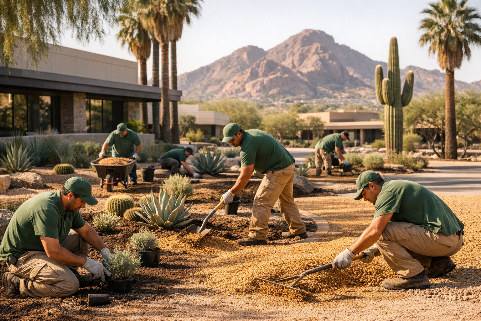 Commercial landscaping crew installing desert-adapted xeriscape plants at a Scottsdale Arizona office park with palm trees and Camelback Mountain visible in background