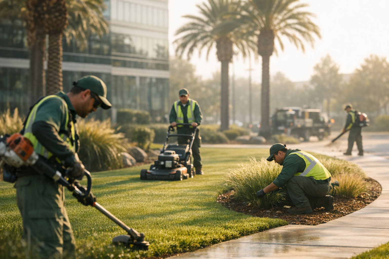 Commercial landscape crew maintaining a Class A office park in Silicon Valley California with palm trees and rolling green hills in background under California sun