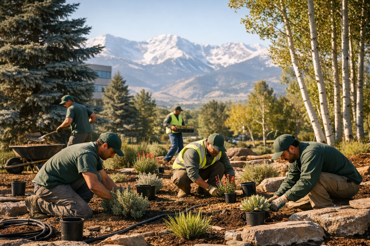 Commercial landscape crew installing xeriscape and native plants at a Denver Colorado office park with the Front Range Rocky Mountains in the background