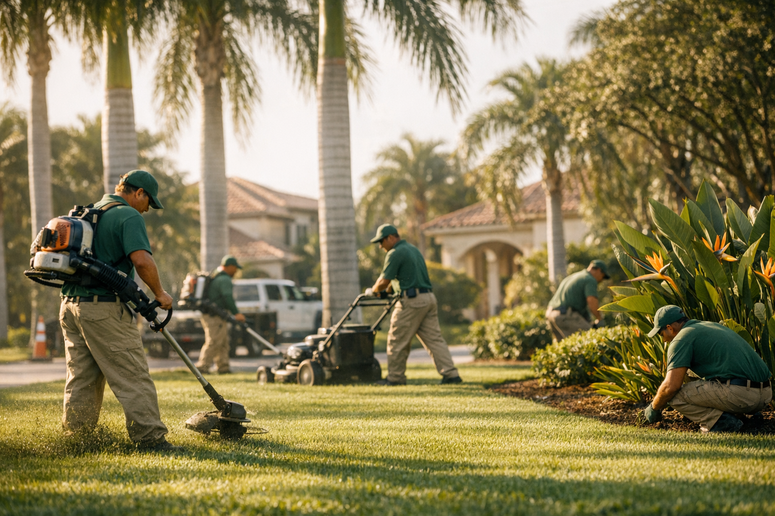Commercial landscape crew maintaining tropical plantings at a Naples Florida luxury HOA community with palm trees and Florida sunshine