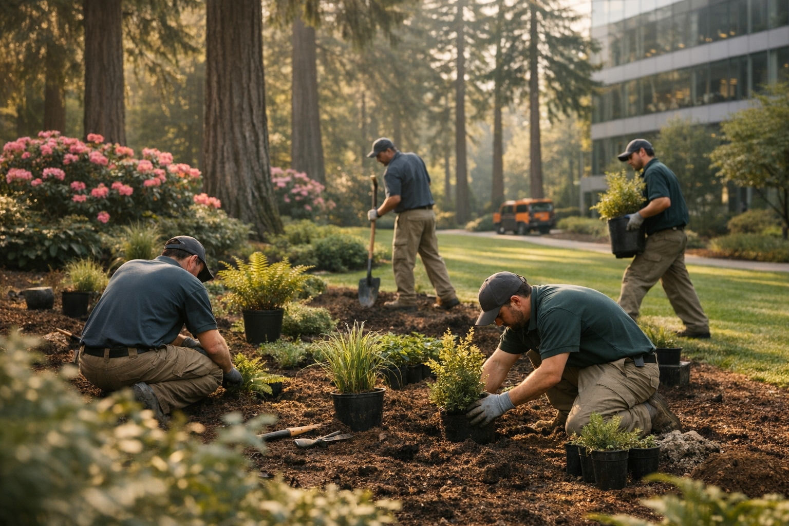 Commercial landscape crew installing native Pacific Northwest plantings at a Bellevue Washington tech corporate campus with Cascade Mountains in background