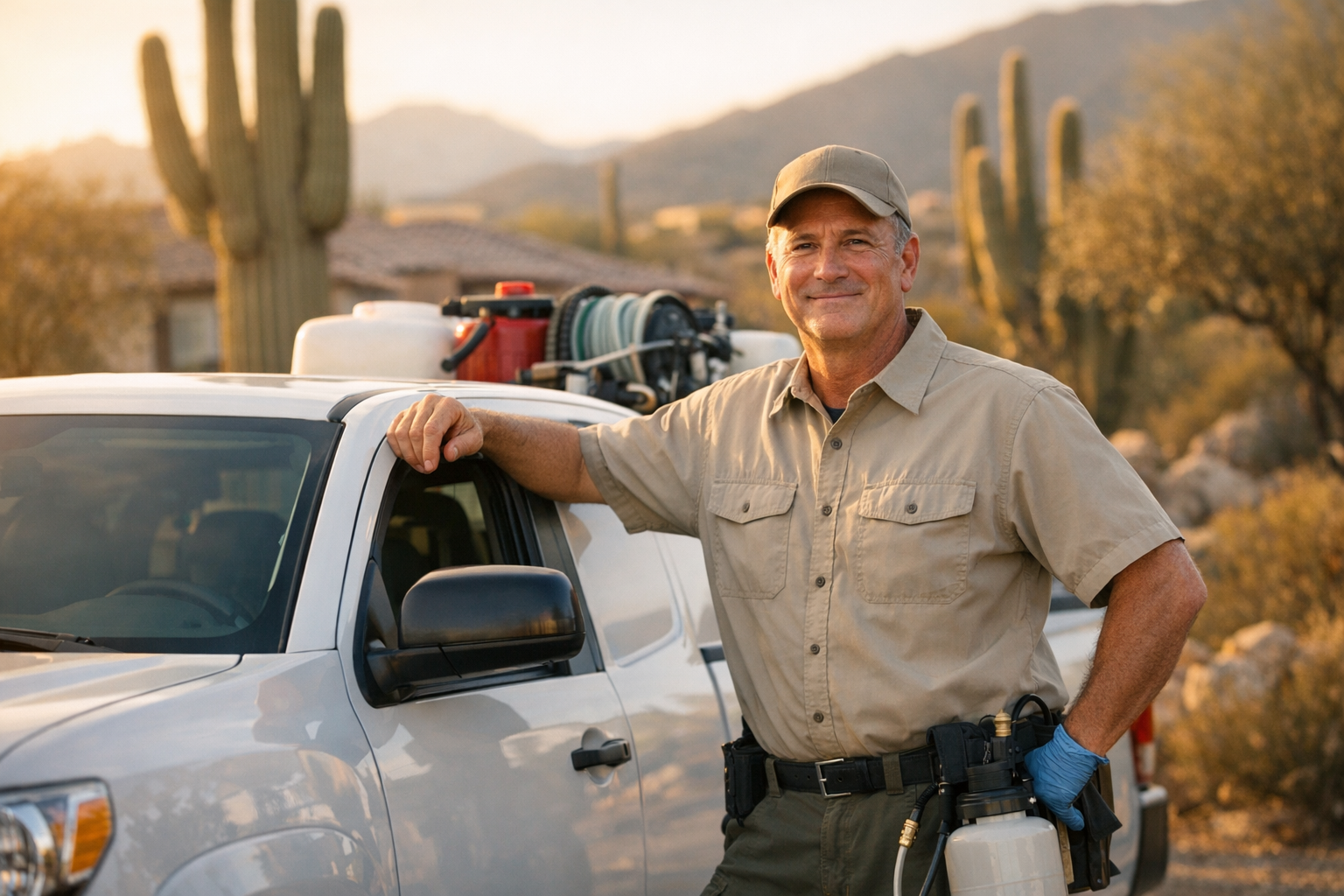 Arizona pest control business owner standing beside a route truck in a Phoenix-area desert neighborhood at golden hour with saguaro cacti in the background