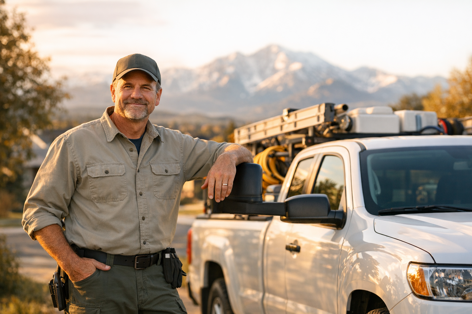 Colorado pest control business owner standing beside a route truck in a Front Range suburb with mountains in the background