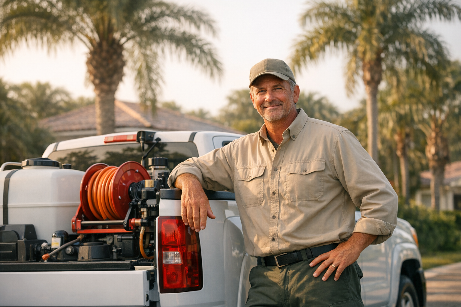 Florida pest control business owner standing beside a route truck in a residential neighborhood with palm trees, mid-morning