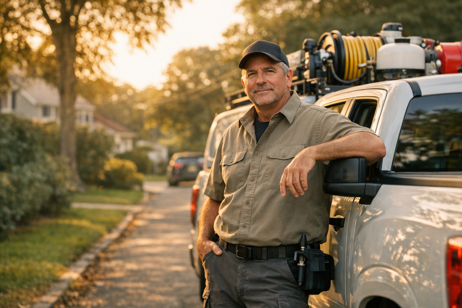 New York pest control business owner standing beside a route truck on a tree-lined Long Island residential street at golden hour