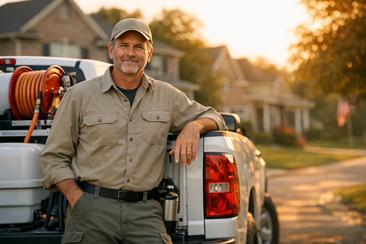 Tennessee pest control business owner standing beside a route truck in a Nashville-area suburban neighborhood at golden hour