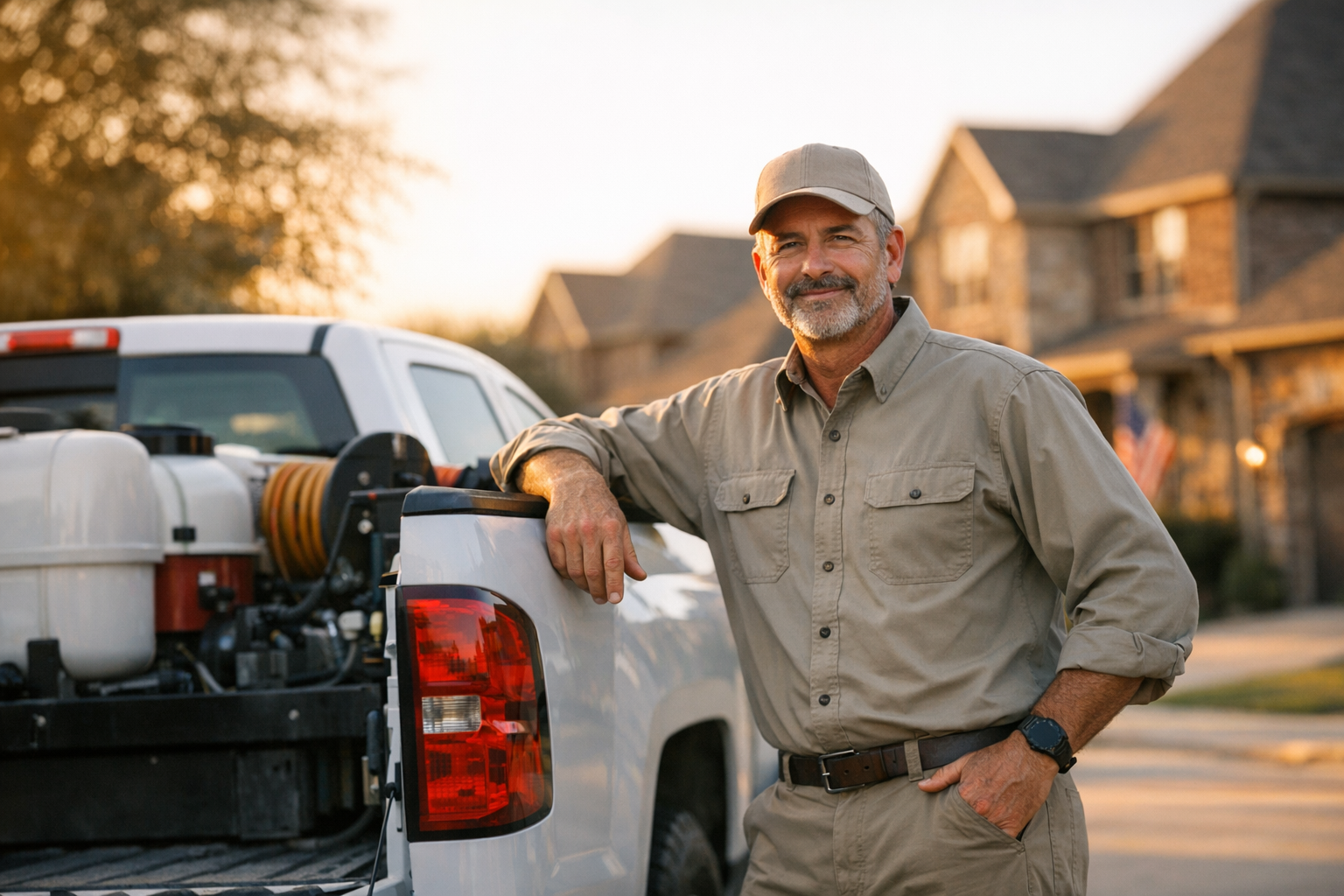 Texas pest control business owner standing beside a route truck in a Dallas-area suburban neighborhood at golden hour