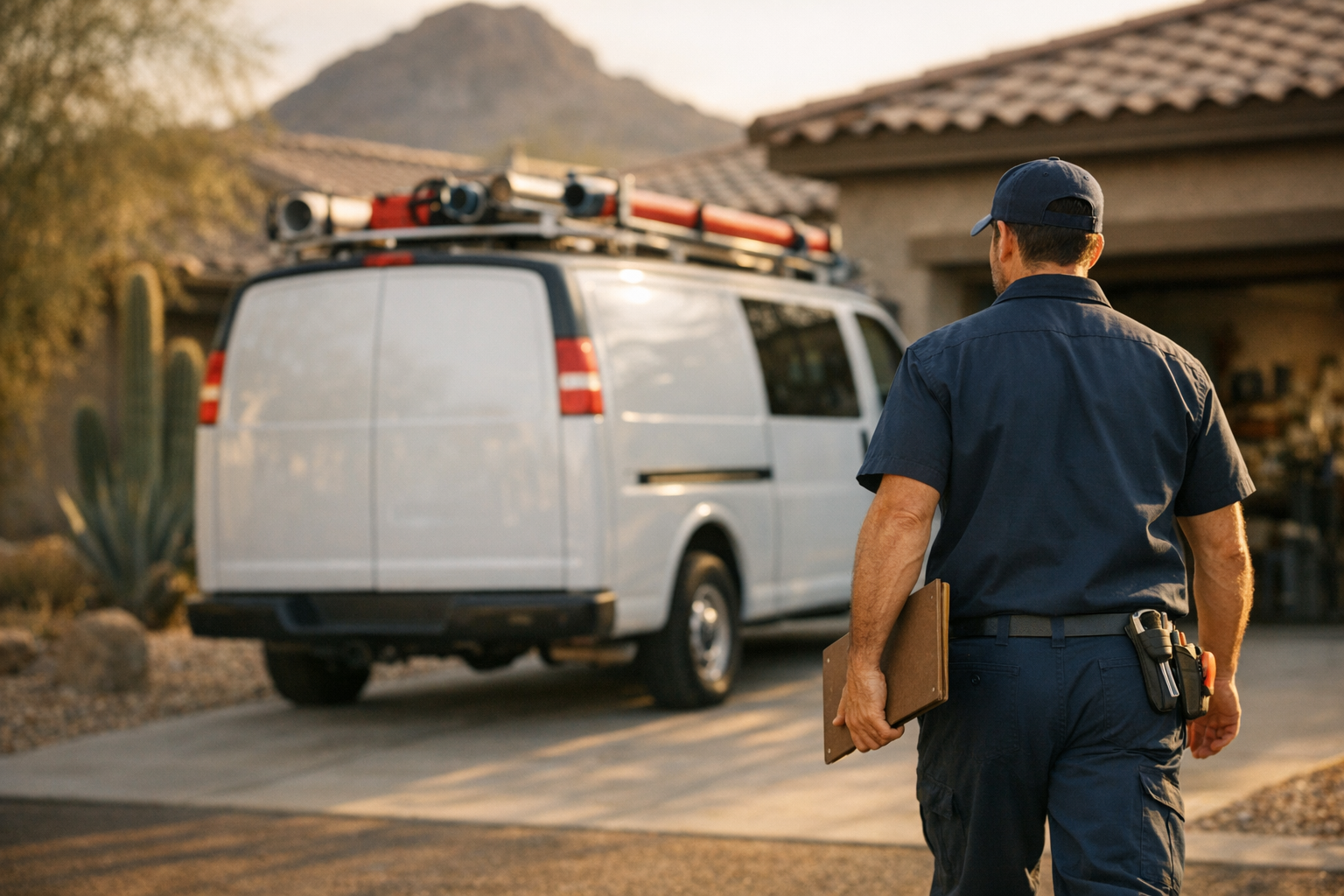 Plumbing service van parked outside a Arizona home in late afternoon, owner inspecting work order, photorealistic editorial photography