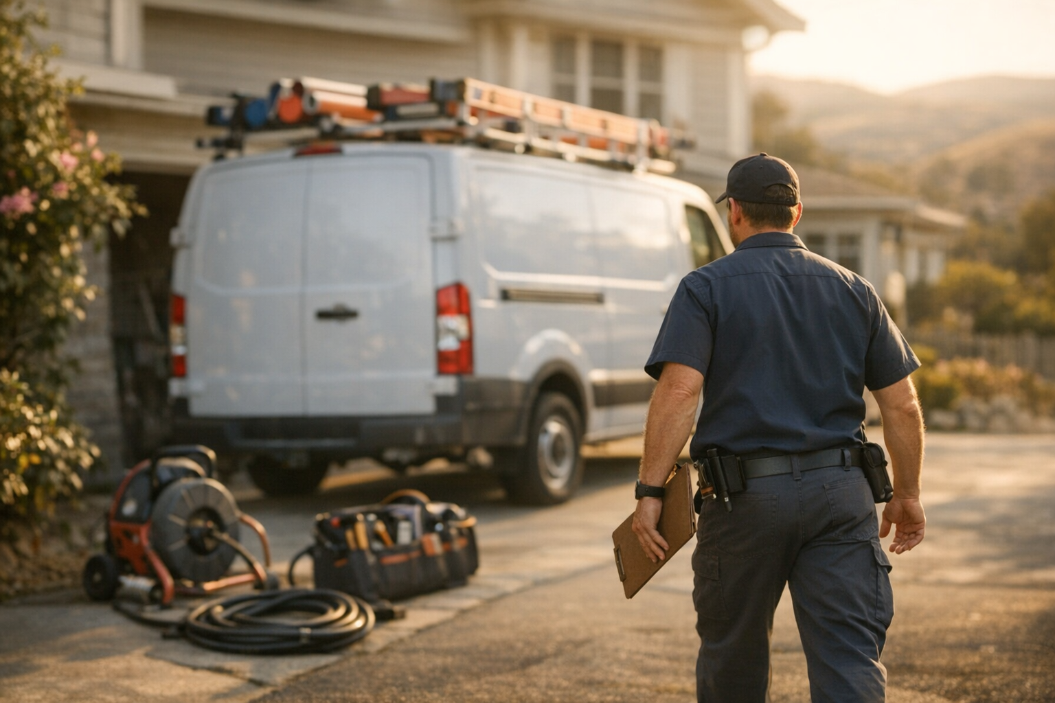 Plumbing service van parked outside a California home in late afternoon, owner inspecting work order, photorealistic editorial photography