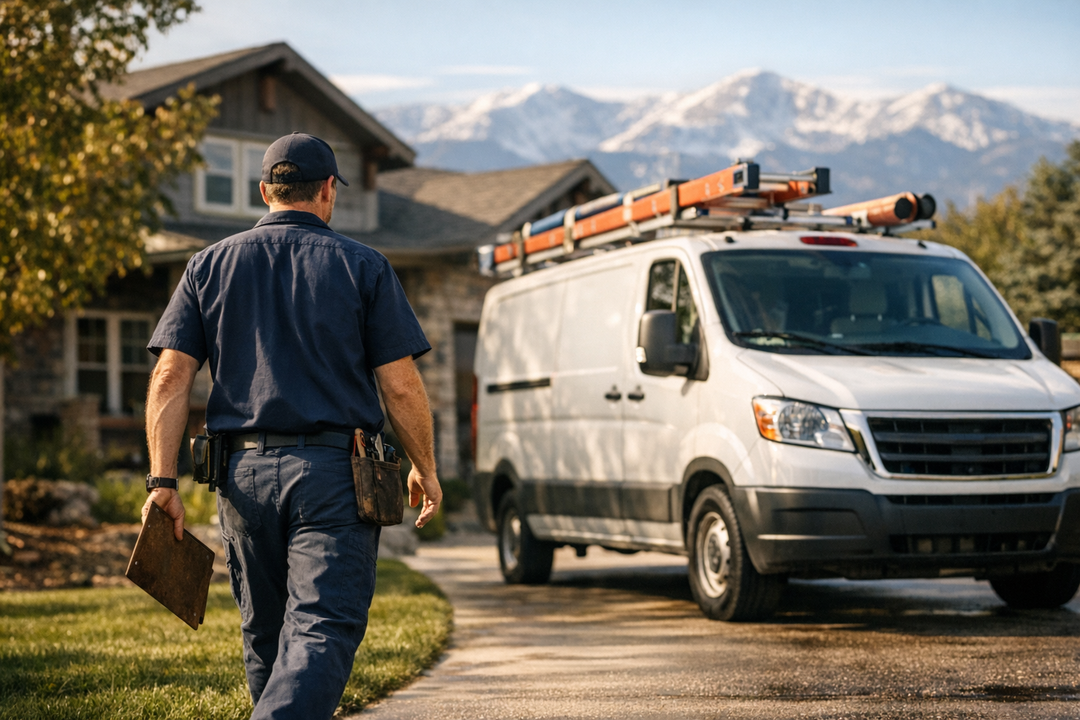 Plumbing service van parked outside a Colorado home in late afternoon, owner inspecting work order, photorealistic editorial photography