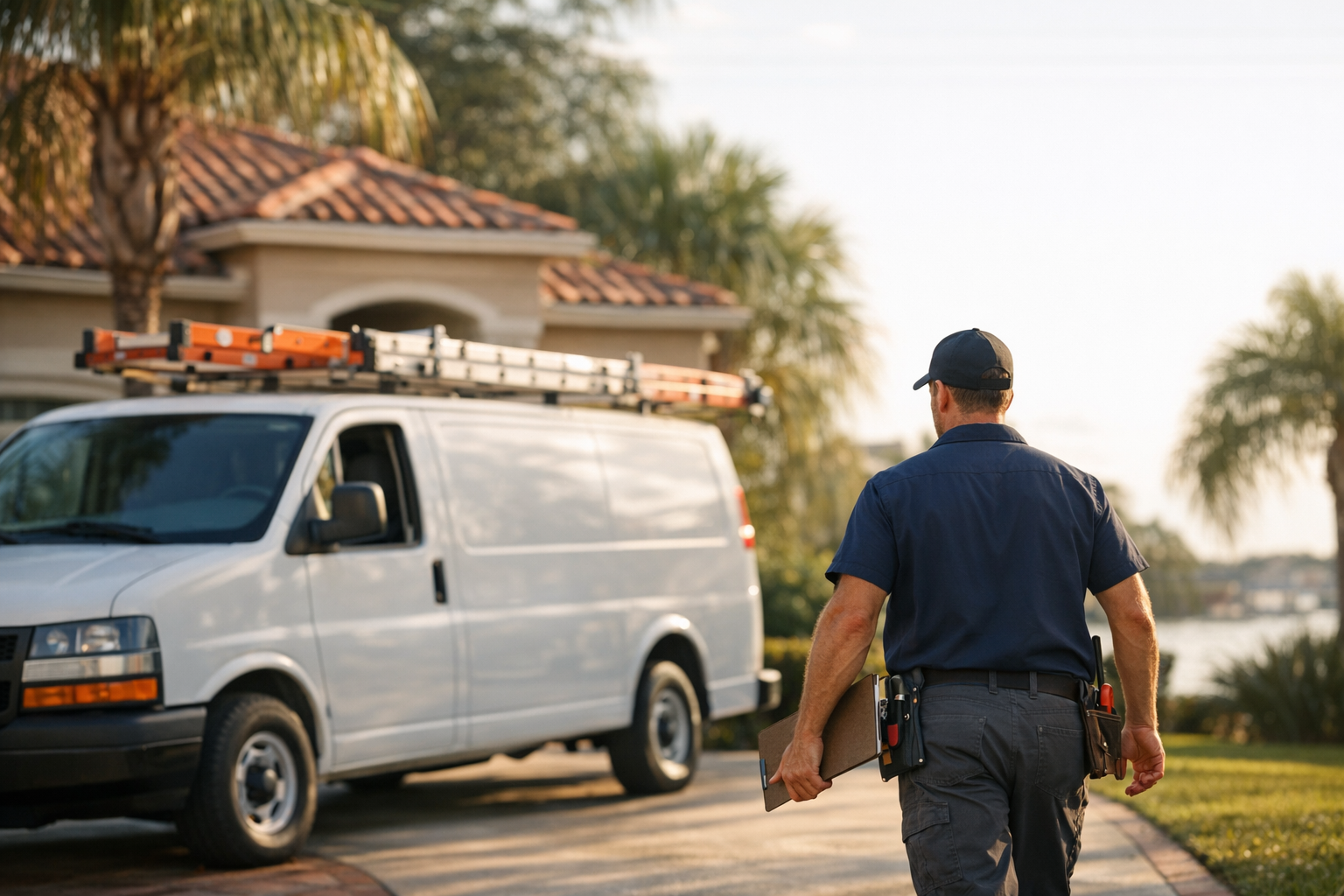 Plumbing service van parked outside a Florida home in late afternoon, owner inspecting work order, photorealistic editorial photography