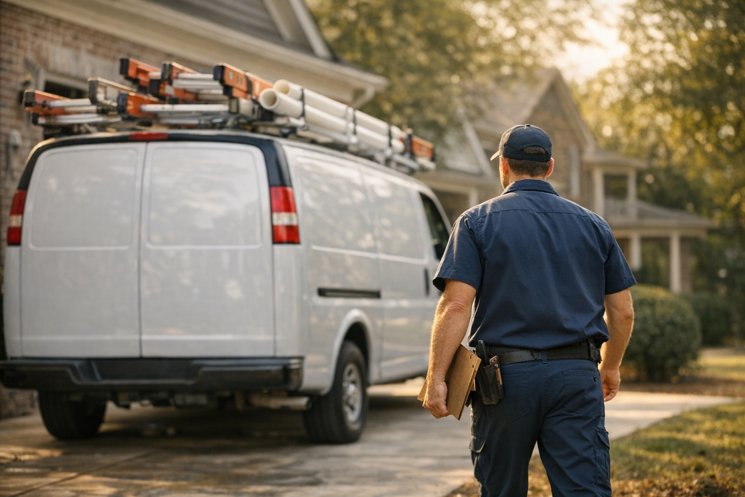 Plumbing service van parked outside a Georgia home in late afternoon, owner inspecting work order, photorealistic editorial photography