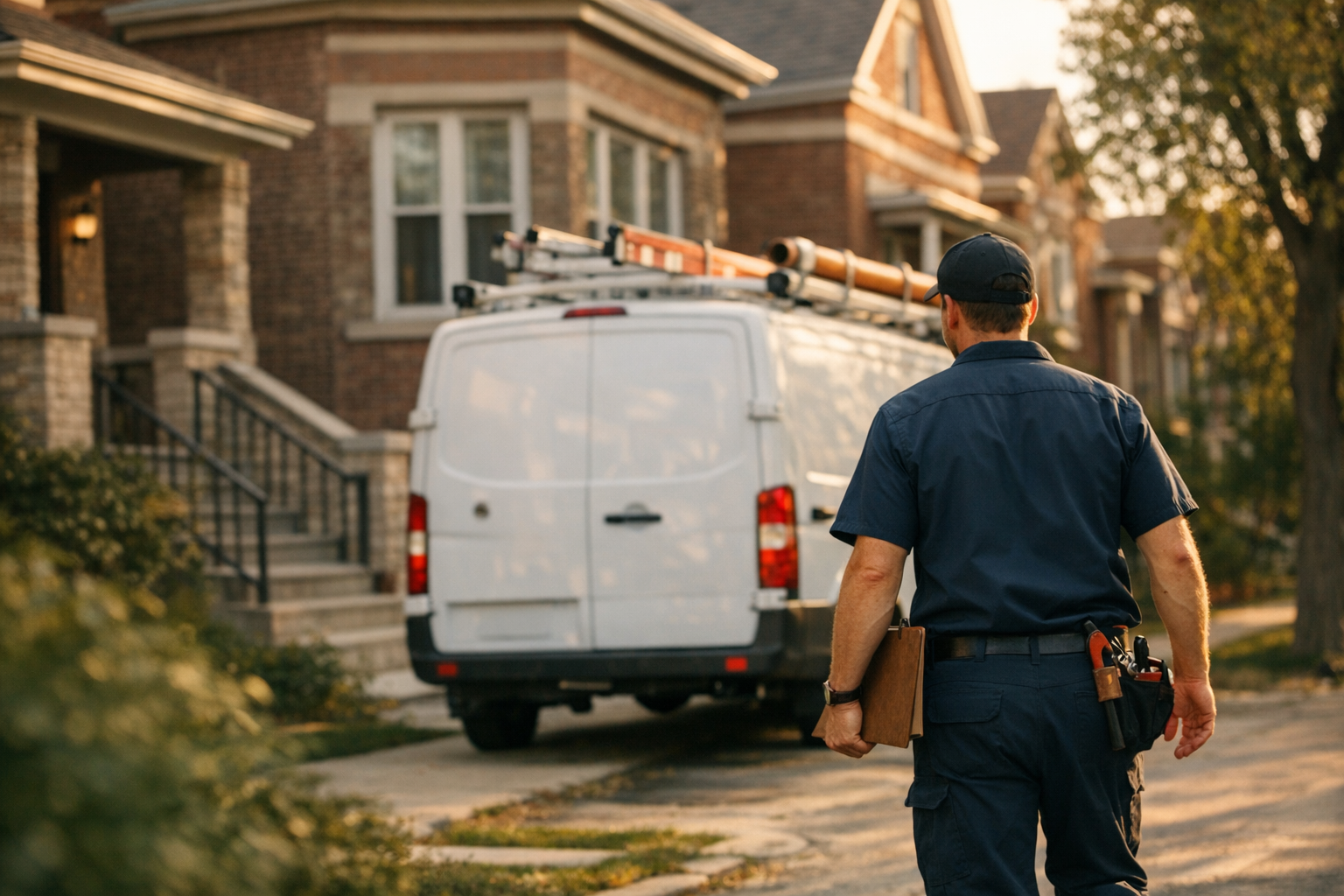 Plumbing service van parked outside a Illinois home in late afternoon, owner inspecting work order, photorealistic editorial photography