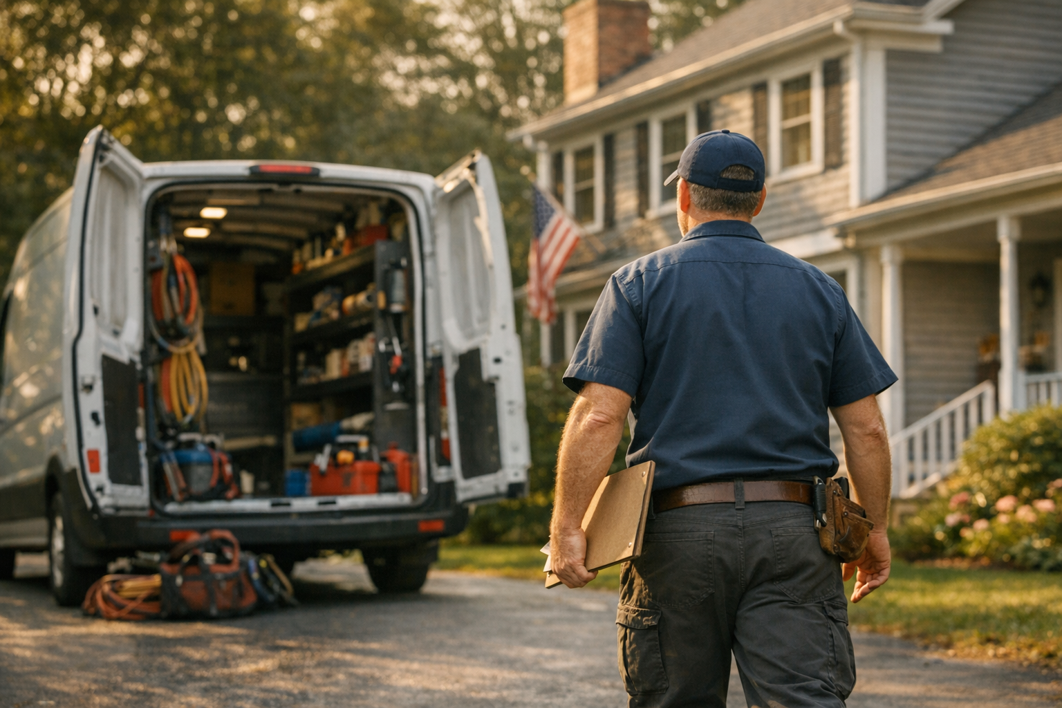 Plumbing service van parked outside a Massachusetts home in late afternoon, owner inspecting work order, photorealistic editorial photography
