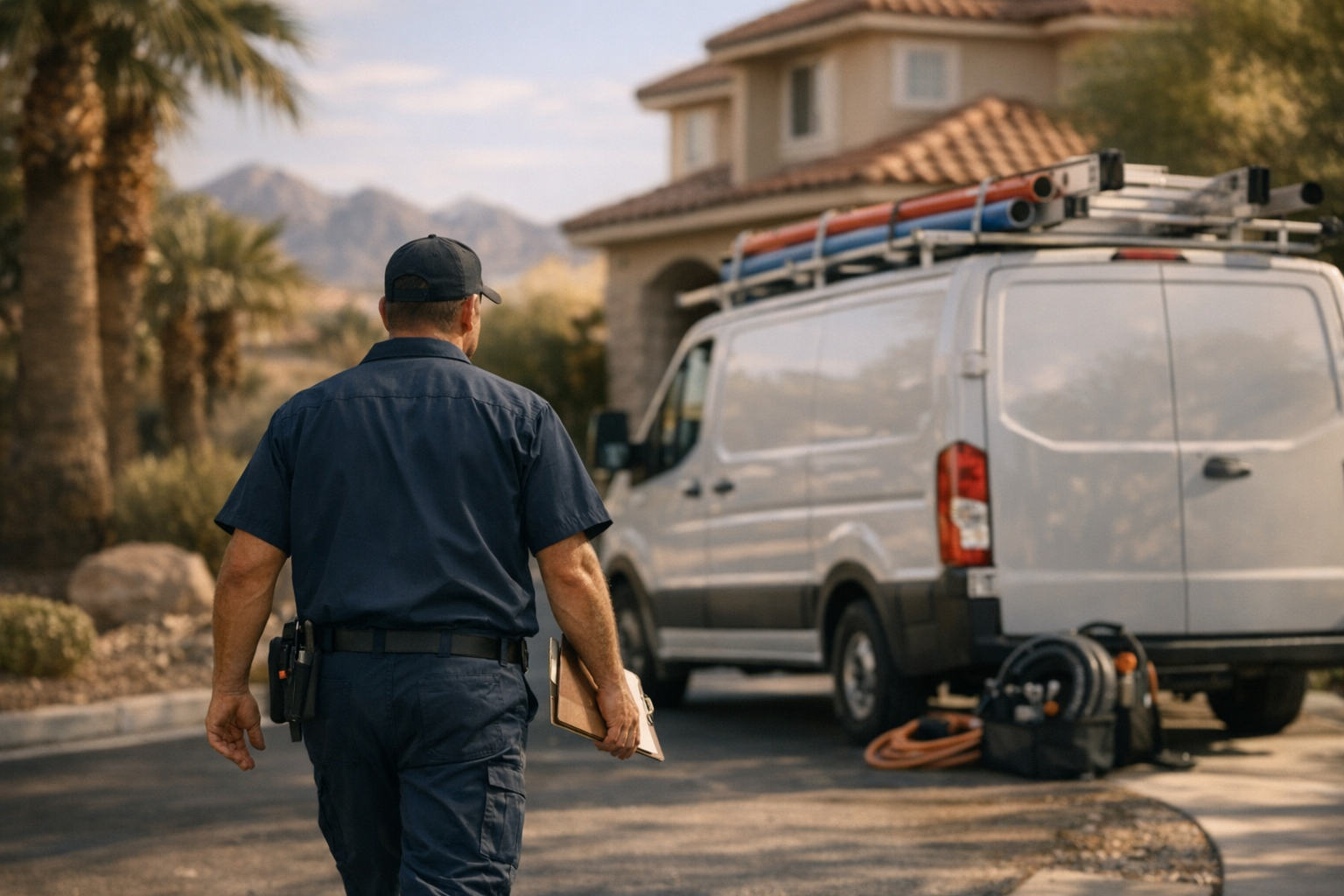 Plumbing service van parked outside a Nevada home in late afternoon, owner inspecting work order, photorealistic editorial photography