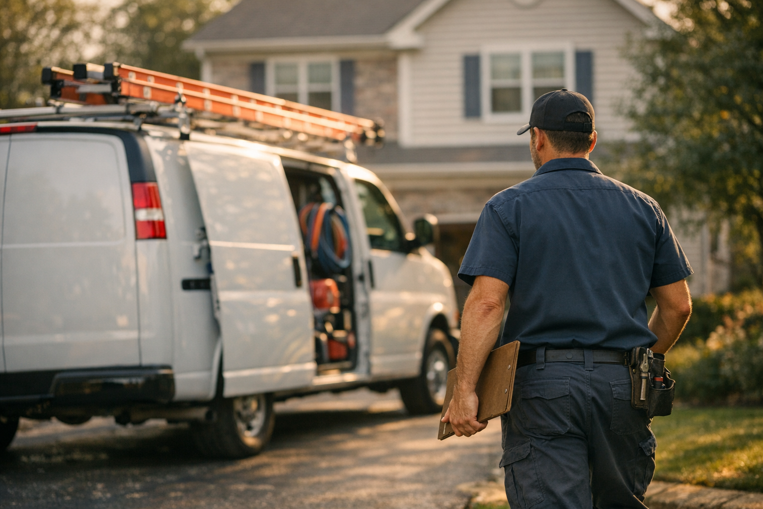 Plumbing service van parked outside a New Jersey home in late afternoon, owner inspecting work order, photorealistic editorial photography