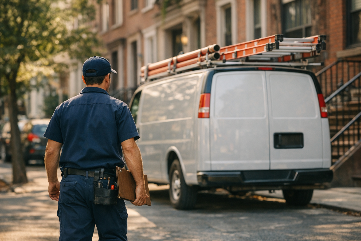 Plumbing service van parked outside a New York home in late afternoon, owner inspecting work order, photorealistic editorial photography