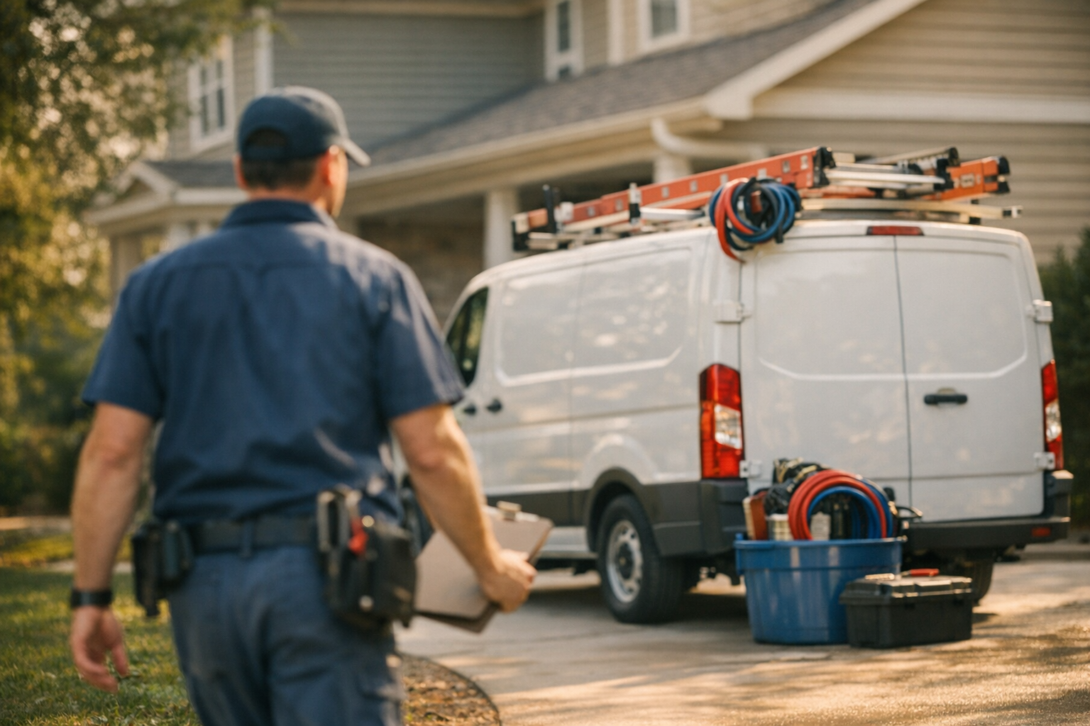 Plumbing service van parked outside a North Carolina home in late afternoon, owner inspecting work order, photorealistic editorial photography