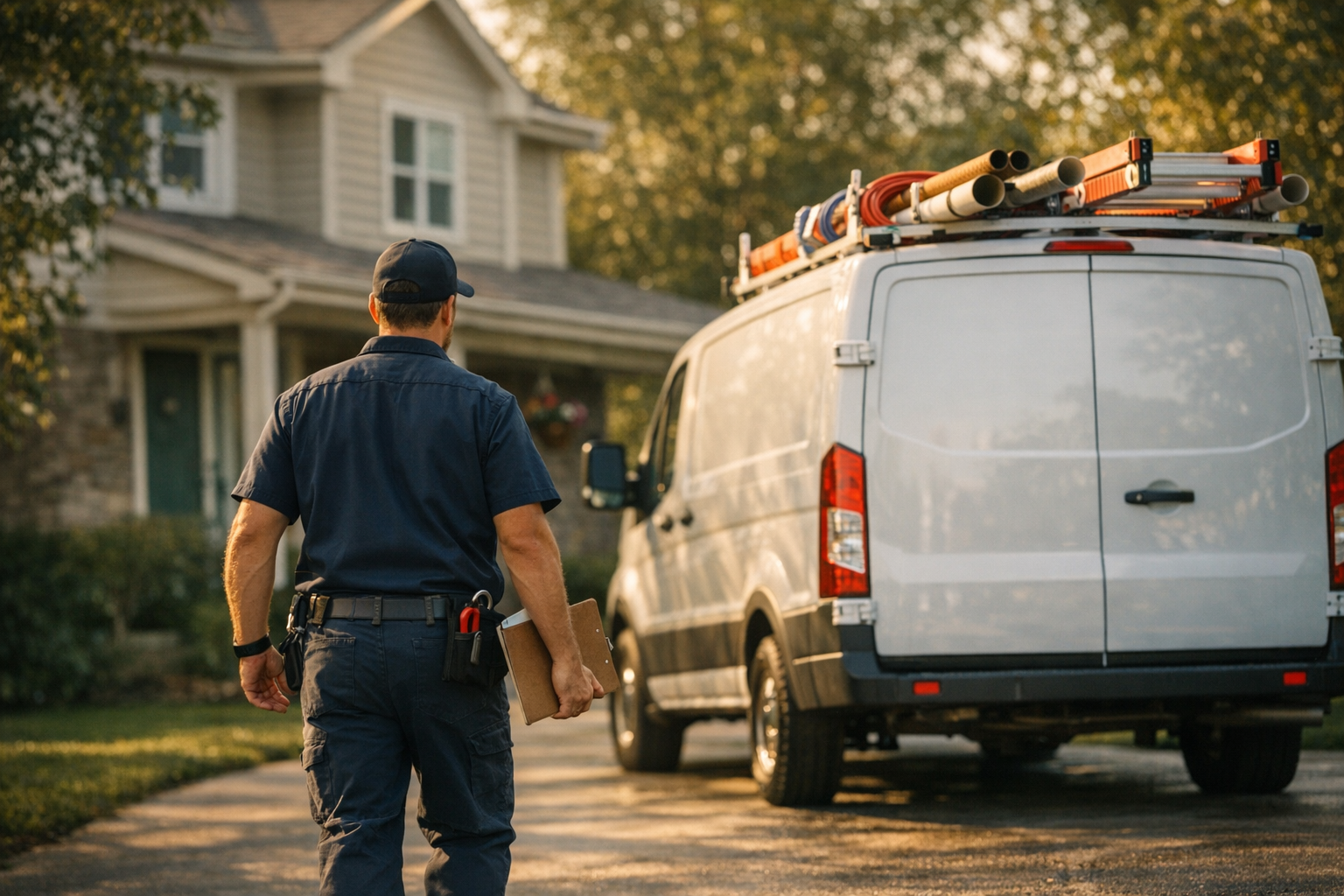 Plumbing service van parked outside a Ohio home in late afternoon, owner inspecting work order, photorealistic editorial photography