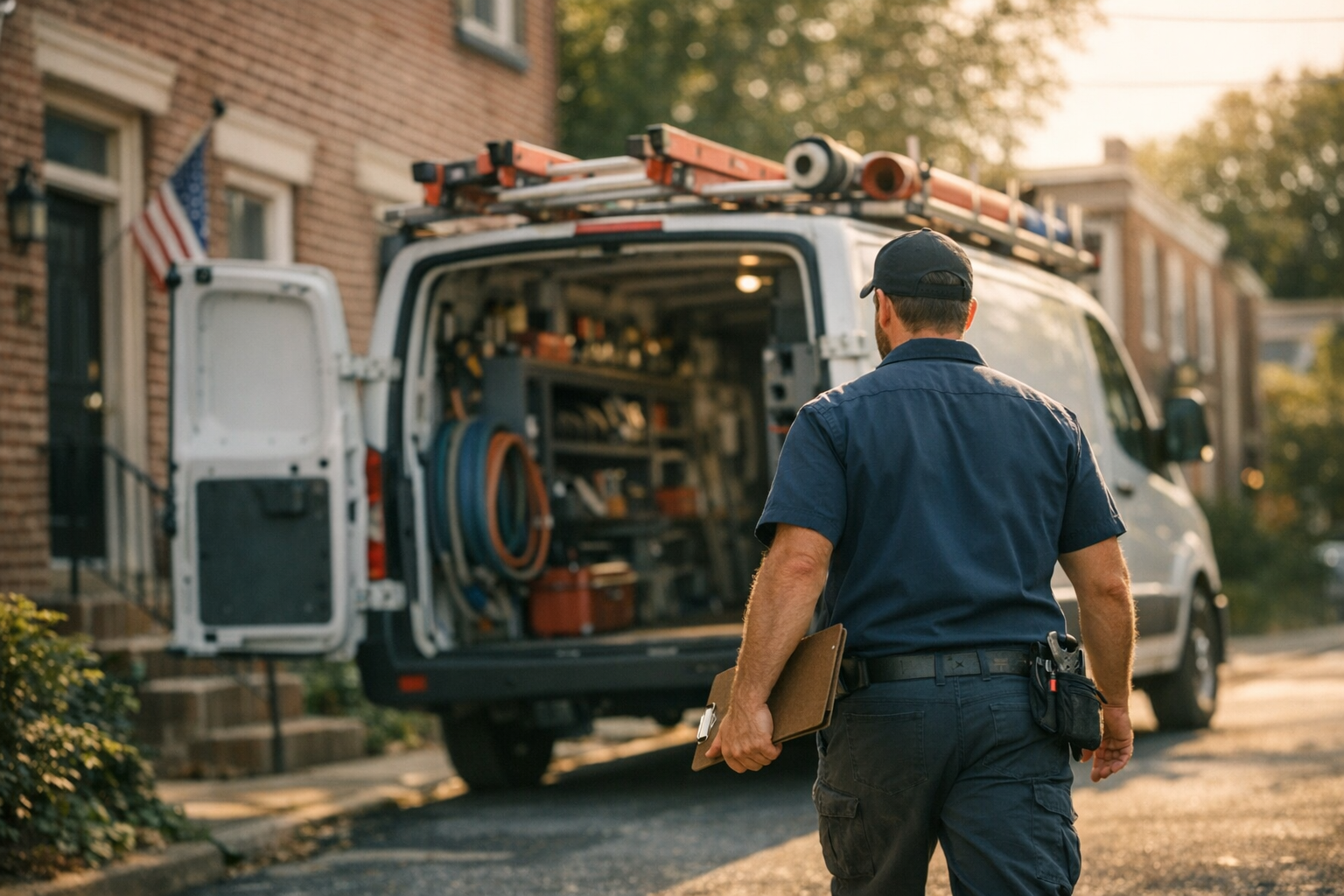 Plumbing service van parked outside a Pennsylvania home in late afternoon, owner inspecting work order, photorealistic editorial photography