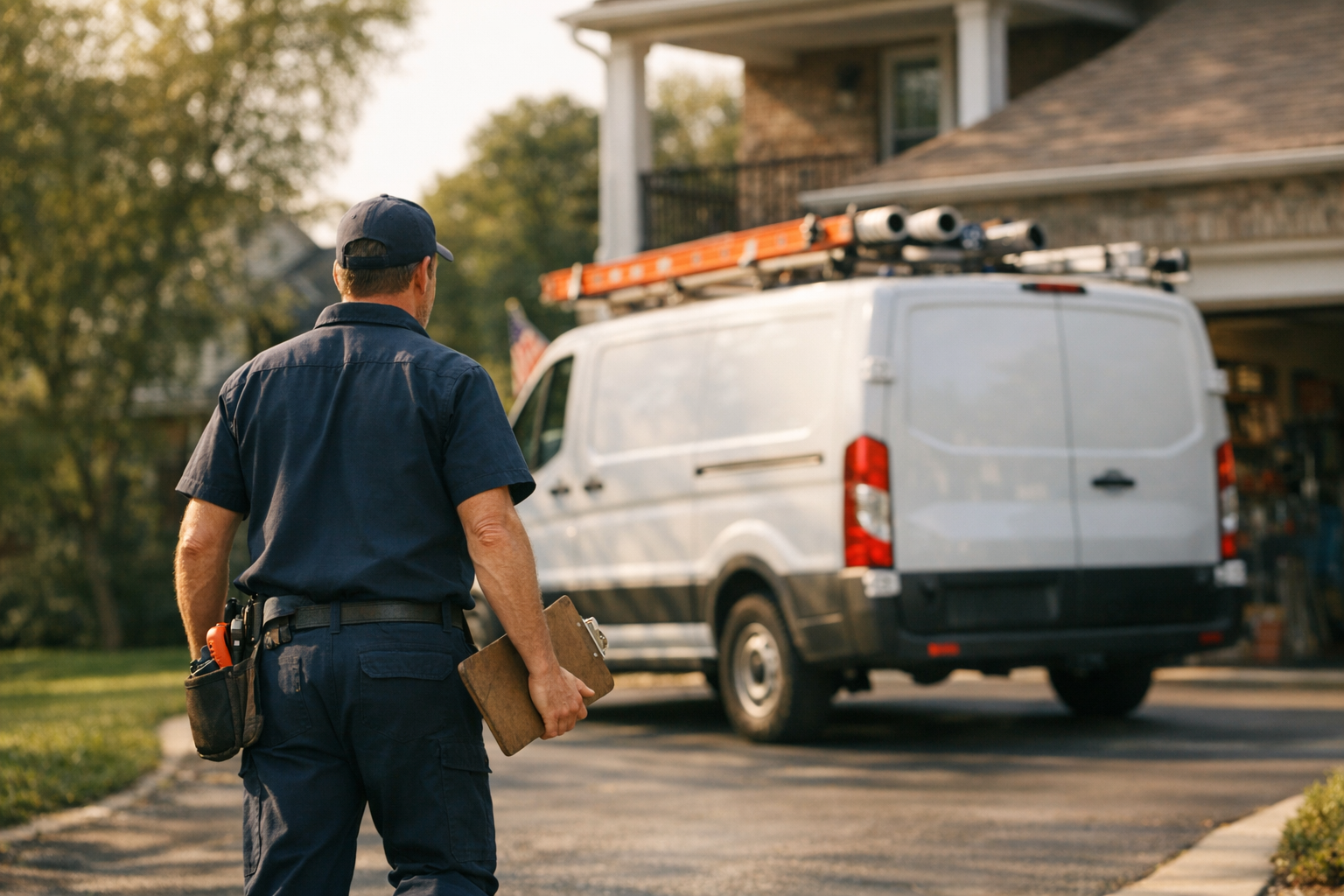 Plumbing service van parked outside a Tennessee home in late afternoon, owner inspecting work order, photorealistic editorial photography