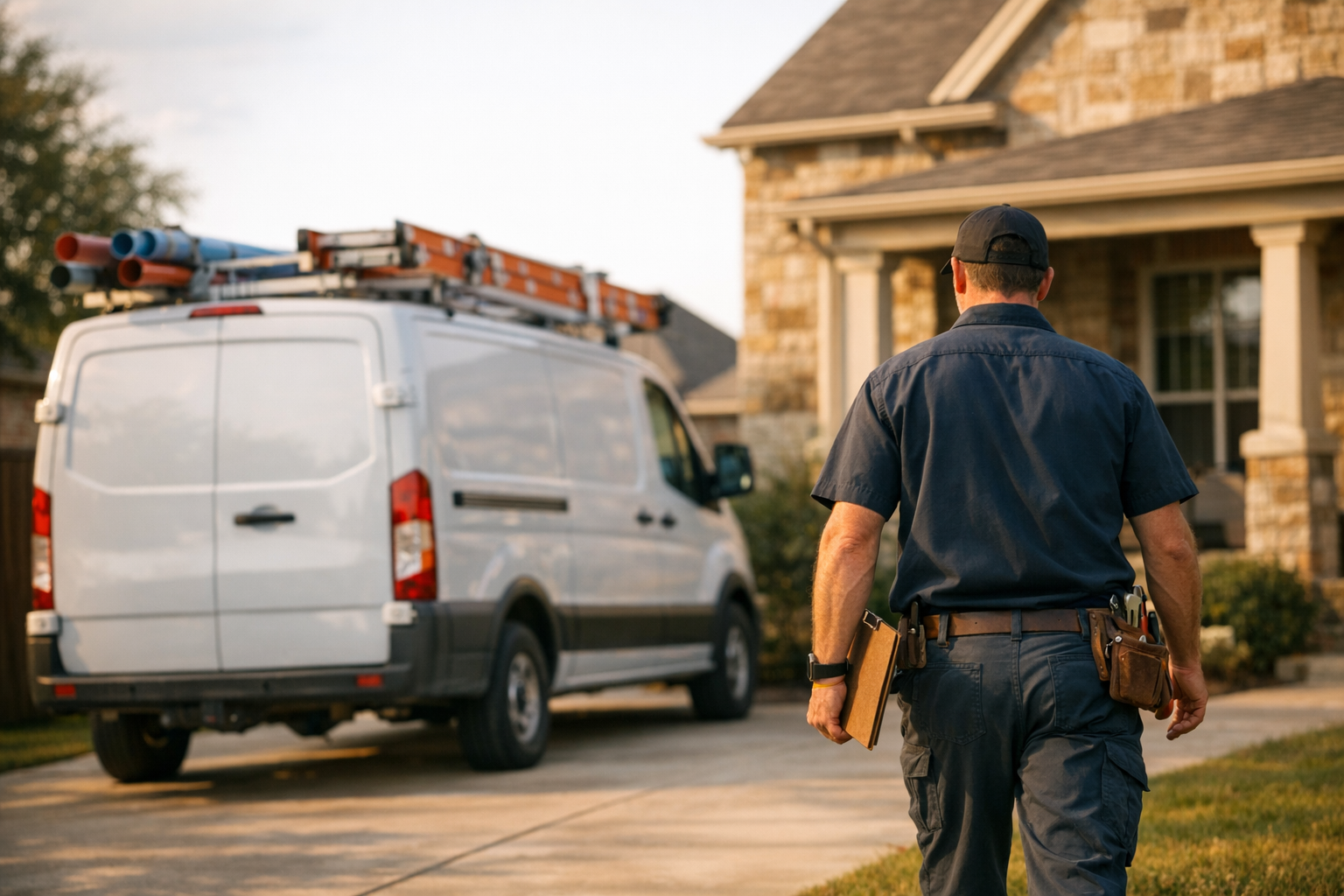 Plumbing service van parked outside a Texas home in late afternoon, owner inspecting work order, photorealistic editorial photography
