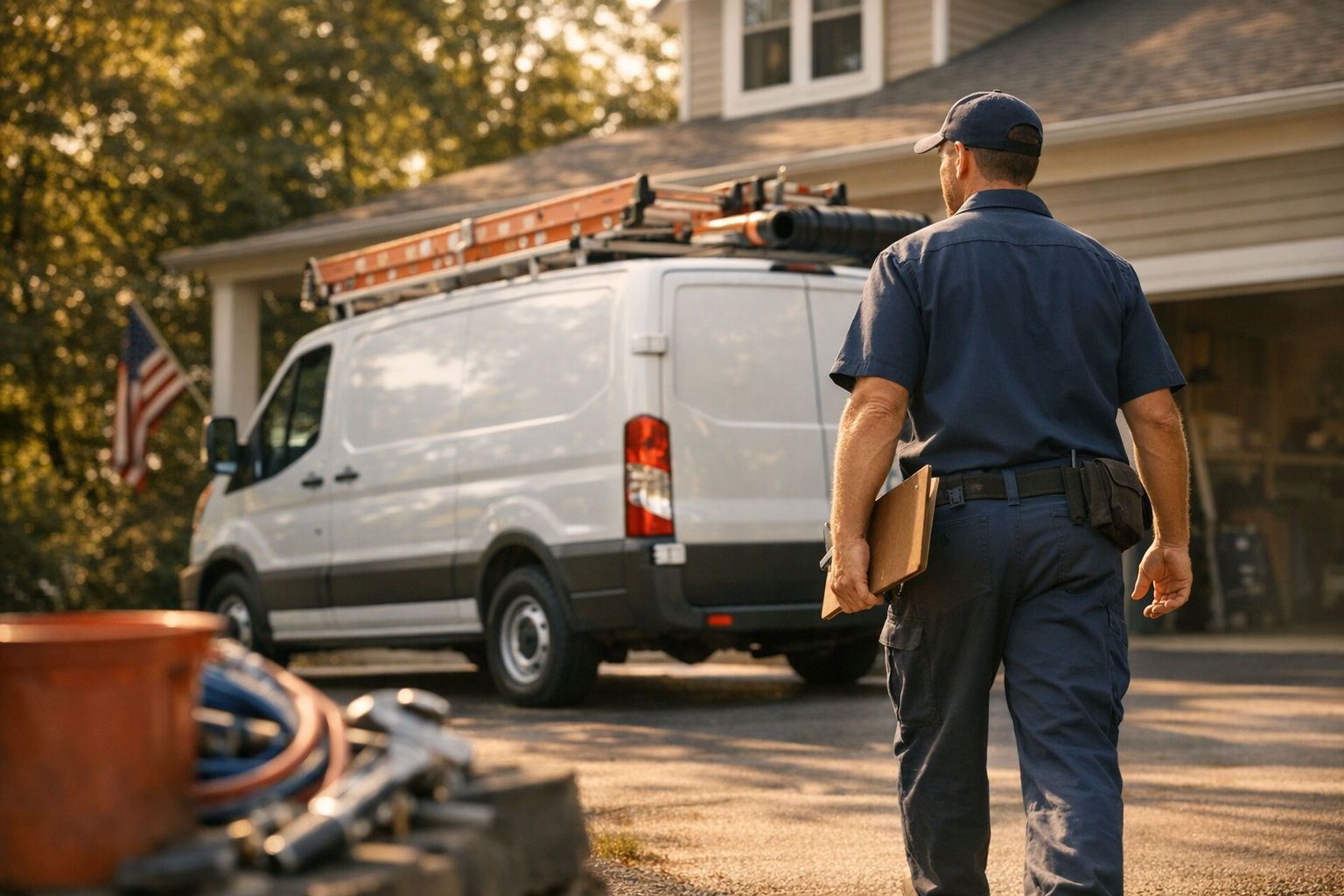 Plumbing service van parked outside a Virginia home in late afternoon, owner inspecting work order, photorealistic editorial photography