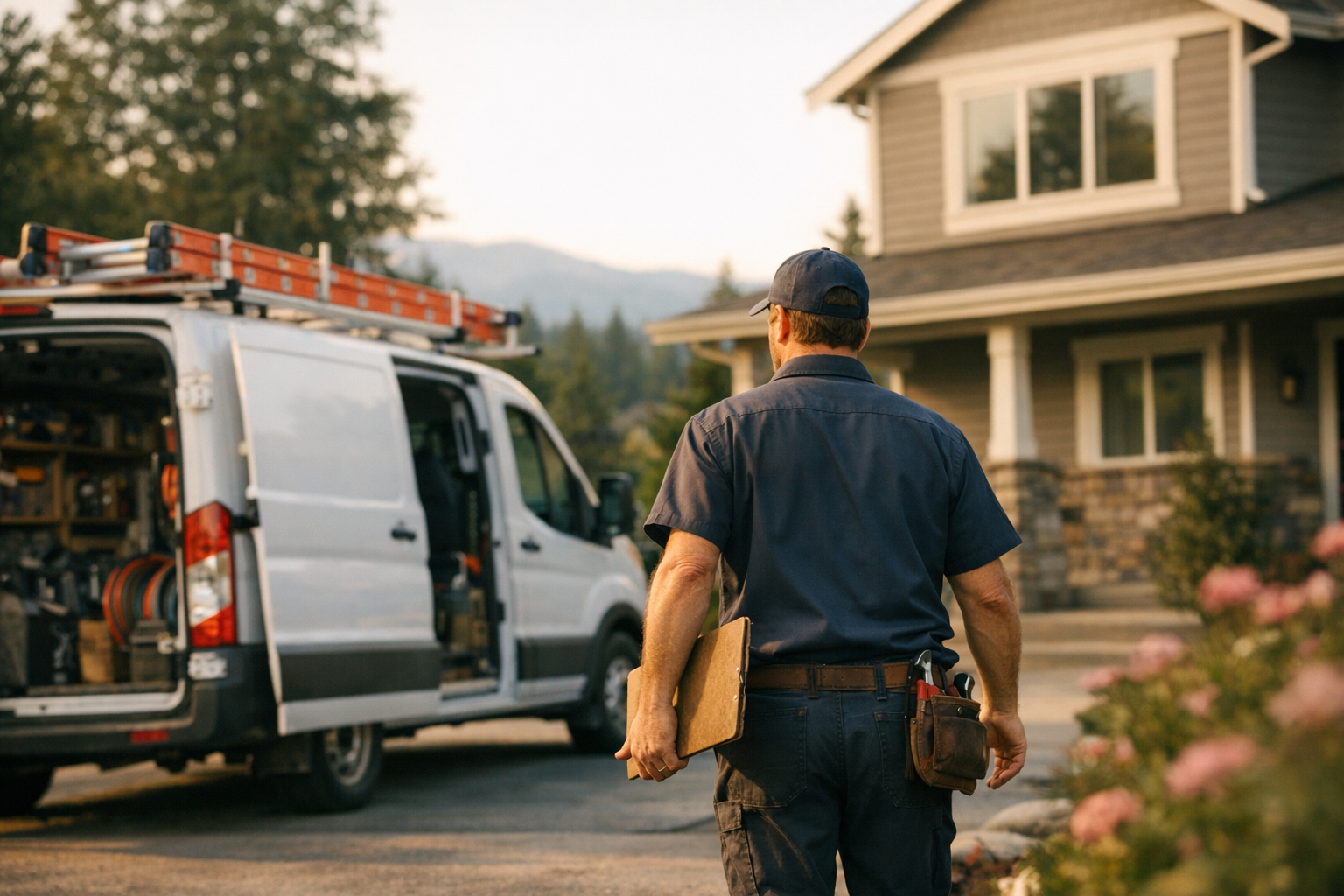 Plumbing service van parked outside a Washington home in late afternoon, owner inspecting work order, photorealistic editorial photography