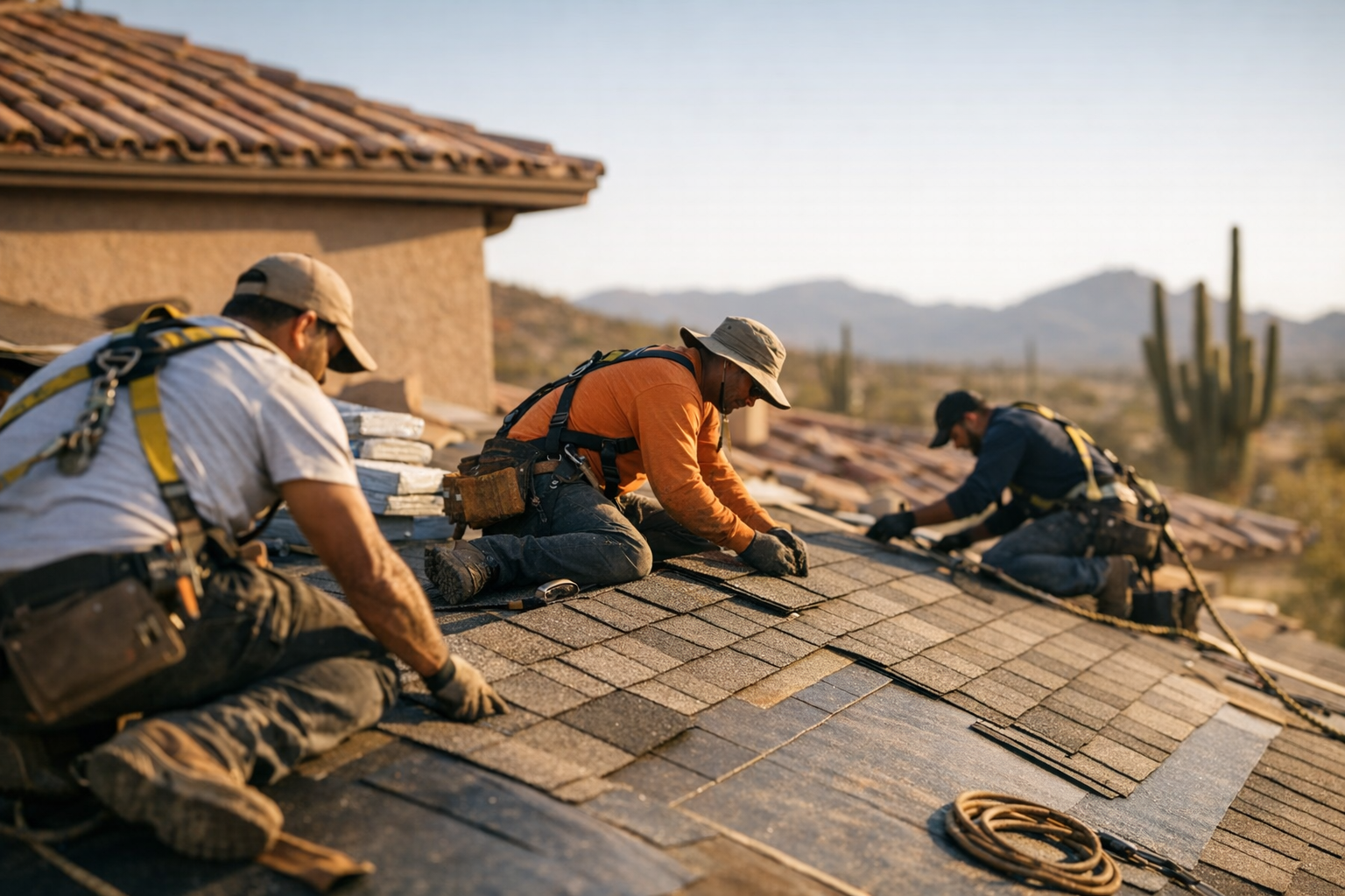 Roofing crew installing shingles on a Arizona home with clear blue sky background
