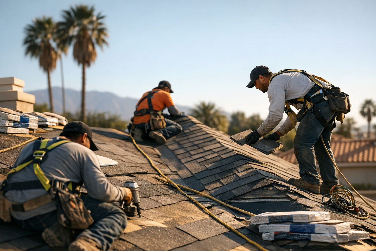 Roofing crew installing shingles on a California home with clear blue sky background