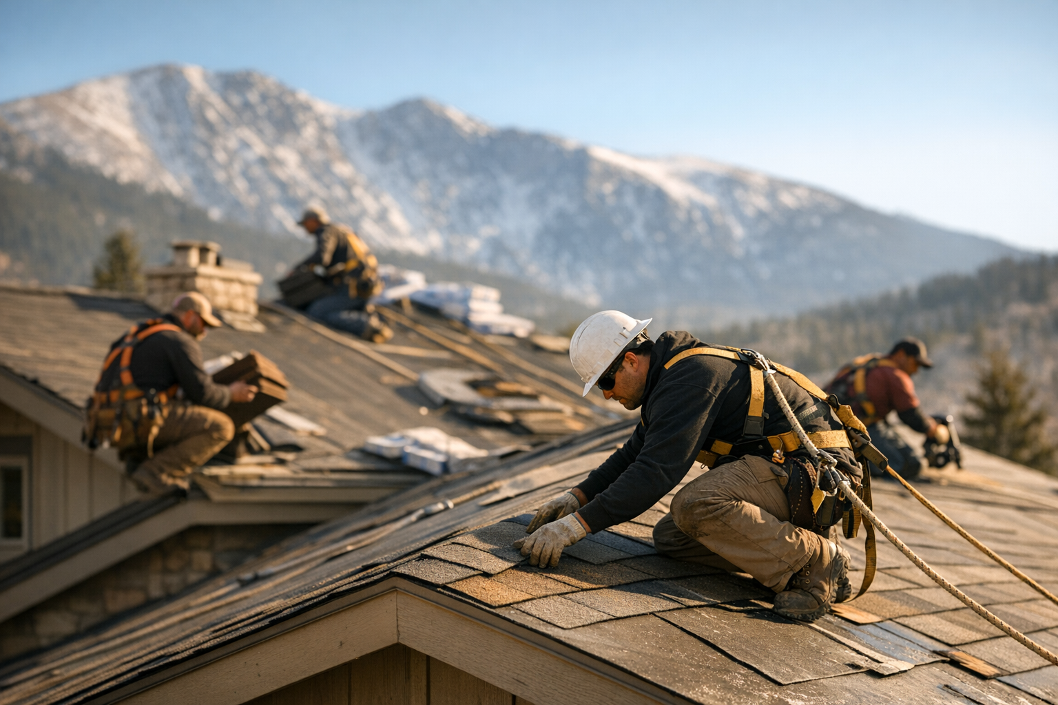 Roofing crew installing shingles on a Colorado home with clear blue sky background