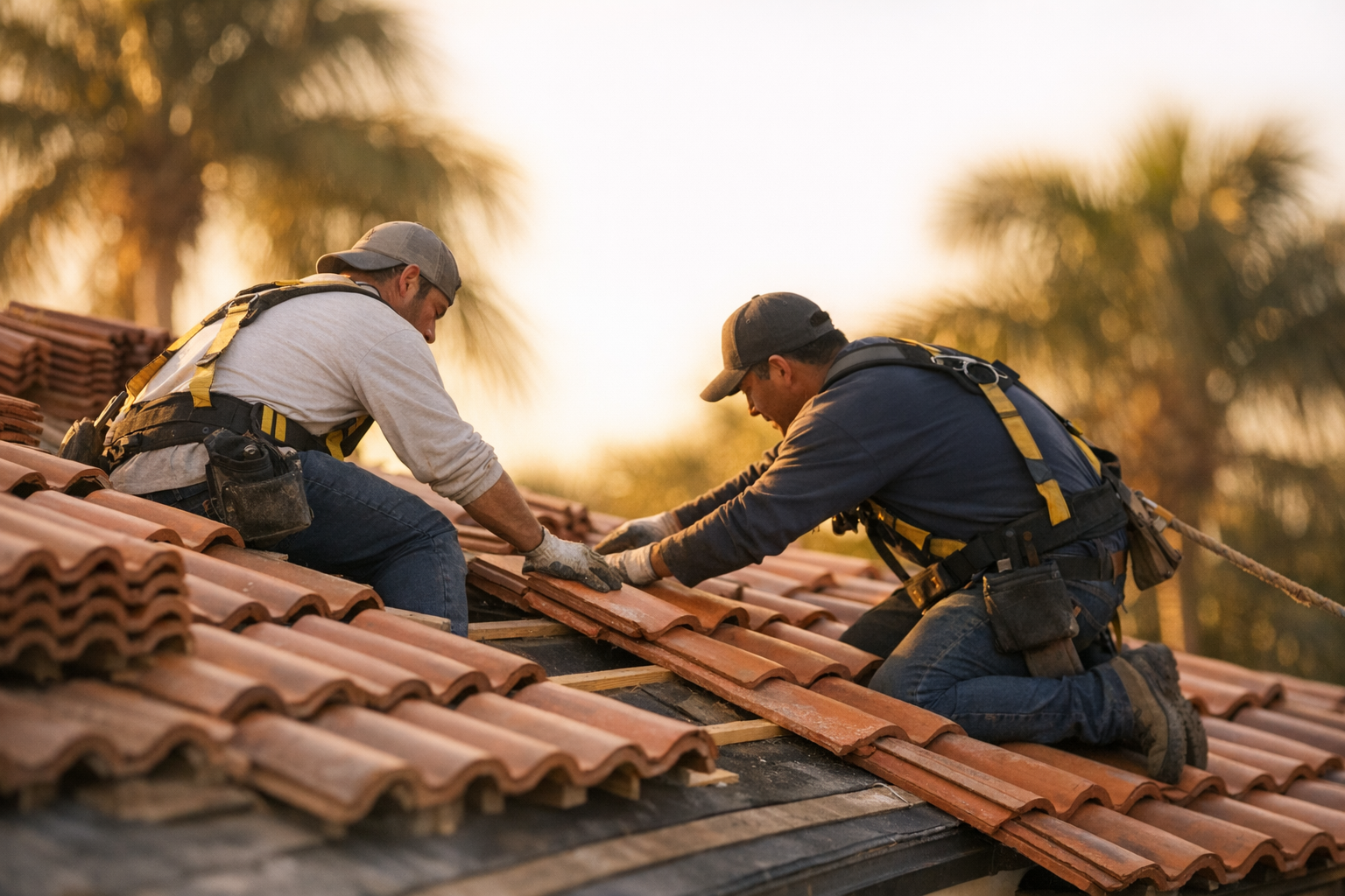Two roofers in safety harnesses installing tile roof on a Florida home at golden hour with palm trees in background