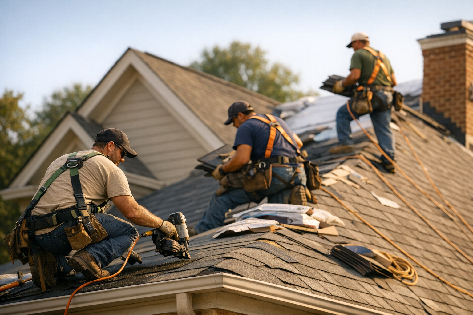 Roofing crew installing shingles on a Georgia home with clear blue sky background