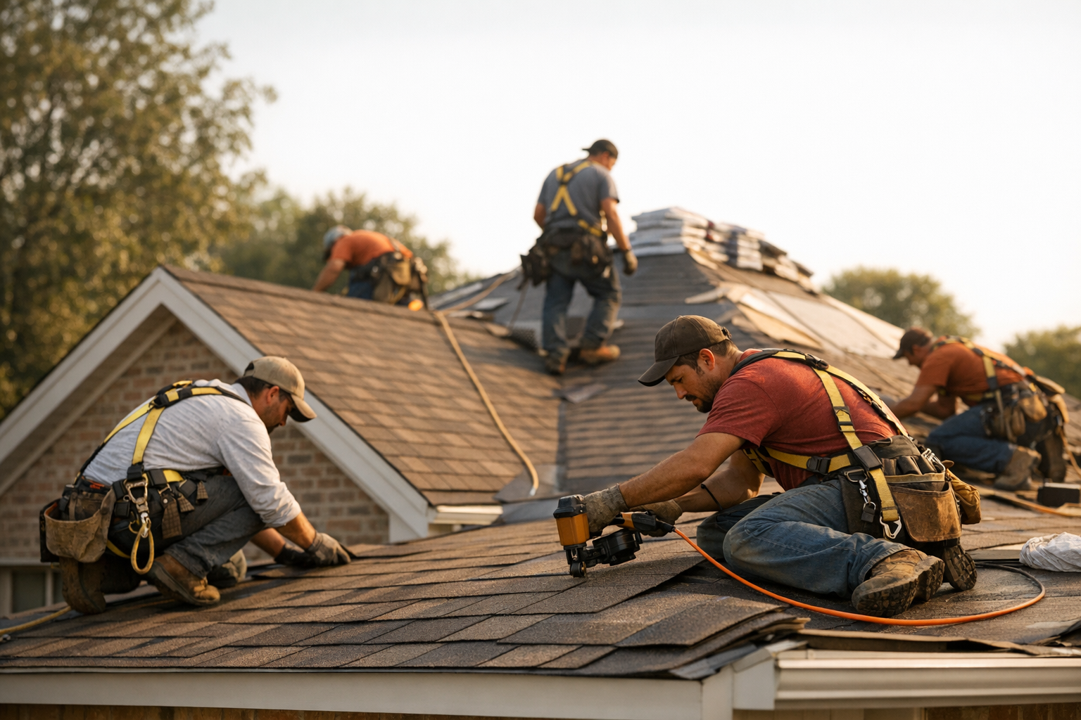 Roofing crew installing shingles on a Illinois home with clear blue sky background